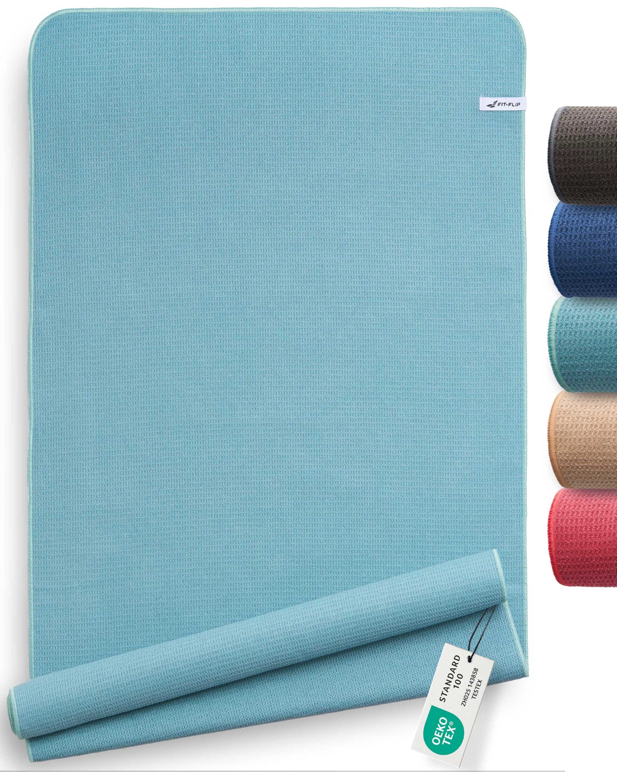 Fit-Flip Yoga towel non slip – lightweight and quick dry mat cover for Bikram and hot yoga – absorbent microfibre non stick layer for pilates or gym workout (185 x 63cm - Jade)
