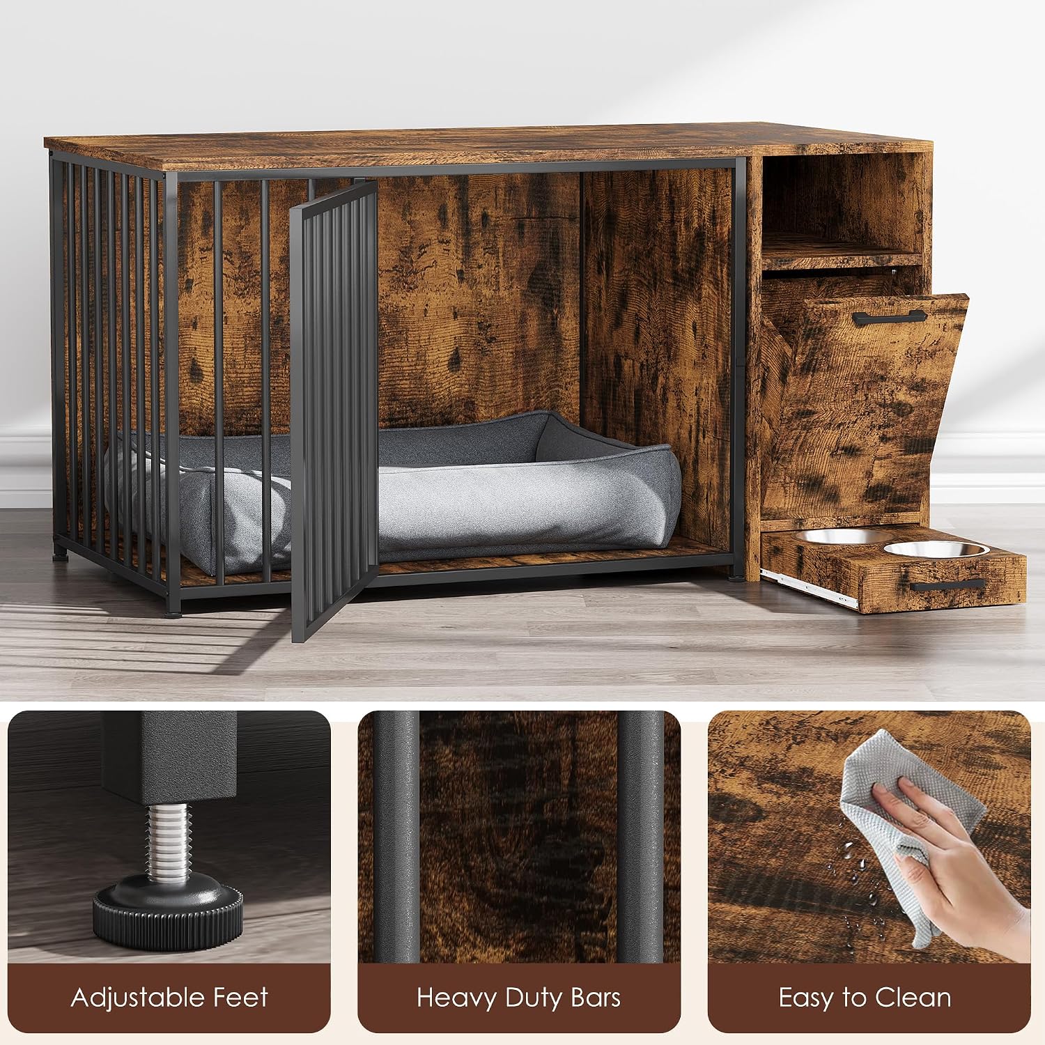 Dog Crate Furniture with Storage Cabinet, 42 Inch Wooden & Steel Decorative Indoor Kennel, Pet Cage End Table for Large and Medium Dogs, Escape-Proof & Chew-Proof, Rustic Brown