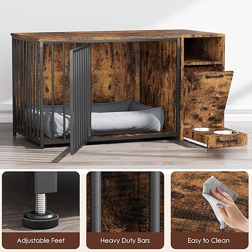 Miniatura 4 de Mueble de jaula para perros con armario de almacenamiento, 42 pulgadas de madera y acero decorativo para interiores, mesa auxiliar para perros
