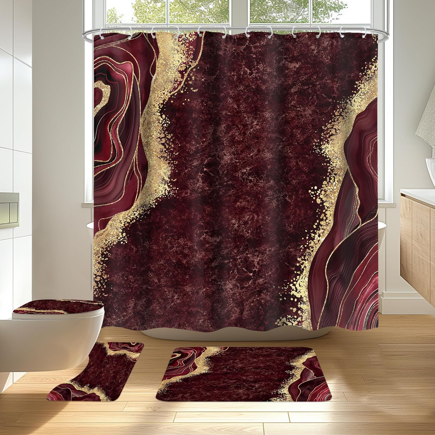 Omifly Burgundy Marble Modern Shower Curtain Sets 4Pcs Abstract Gold Veins Luxury Fluid Texture Aesthetic Bathroom Decor Set with 12 Hooks, Rugs and Accessories with Bath Mat and Toilet Lid Cover