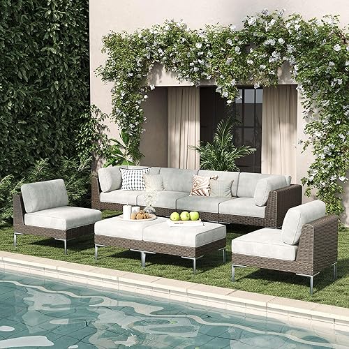 LayinSun 8-Piece Wicker Rattan Patio Furniture Set, Deep Seating Outdoor Modular Sectional Sofa Conversation Set with Thick Cushions for Lawn, Garden