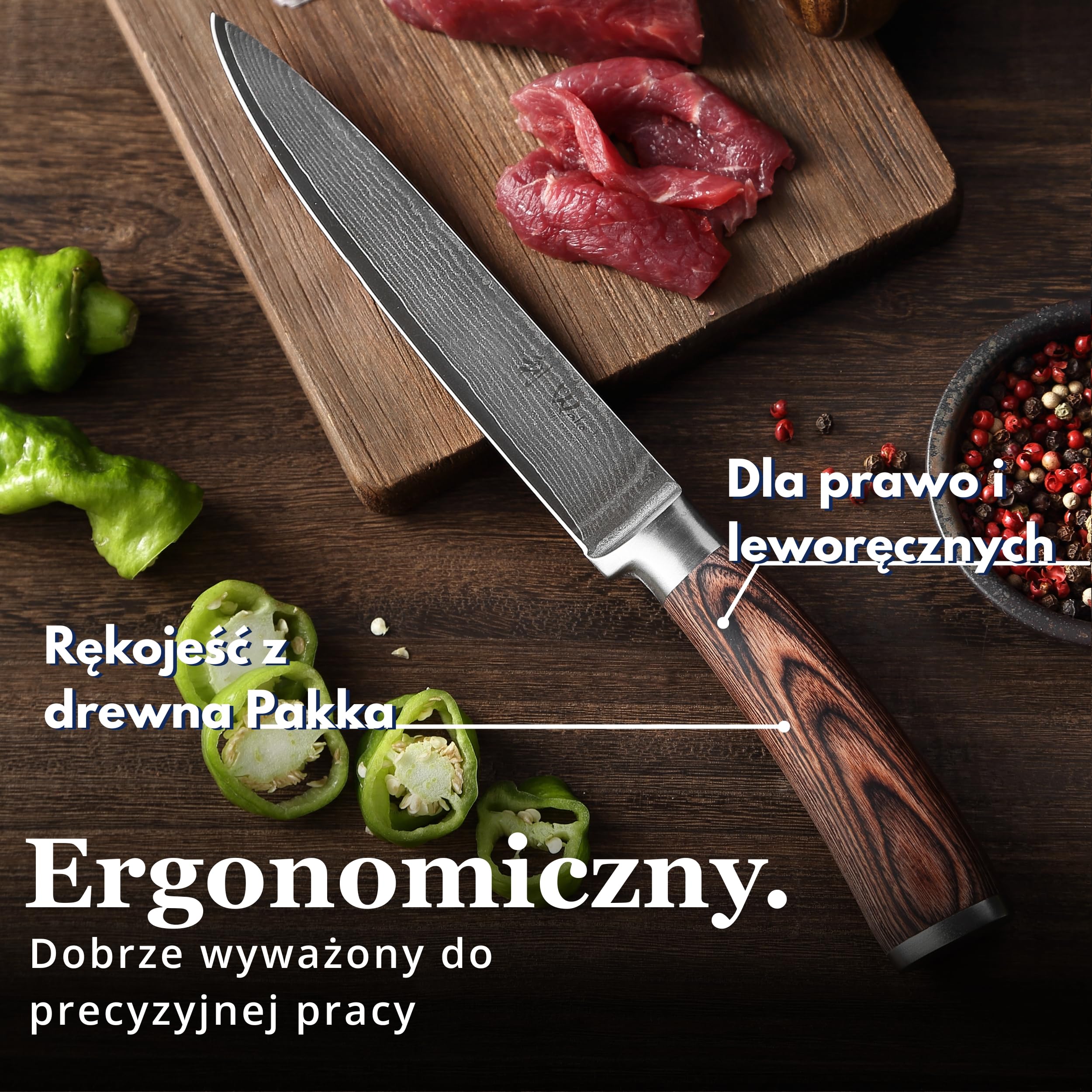 Wakoli EDIB nóż do mięsa i krojenia pieczeni ze stali damasceńskiej z rdzeniem VG10, ostrze 18 cm, ostry i precyzyjny, rękojeść z drewna Pakka, pudełko prezentowe, nóż kuchenny do porcjowania