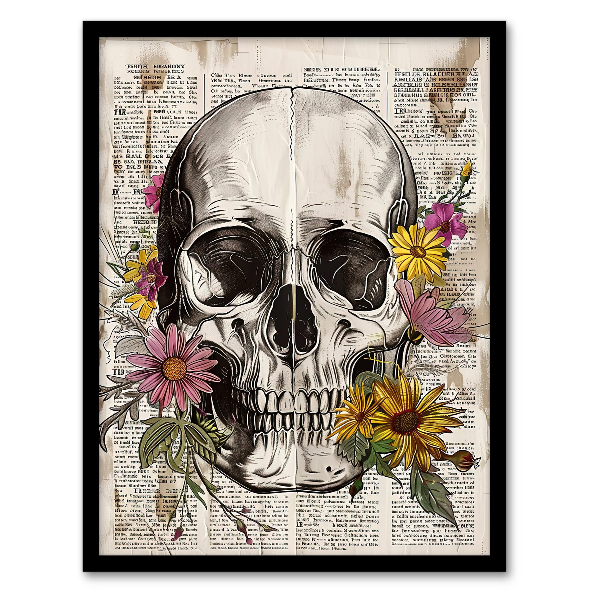 Artery8 Skull with Daisies Book Page Mixed Media Upcycle Living Room Artwork Framed Wall Art Print 18X24 Inch