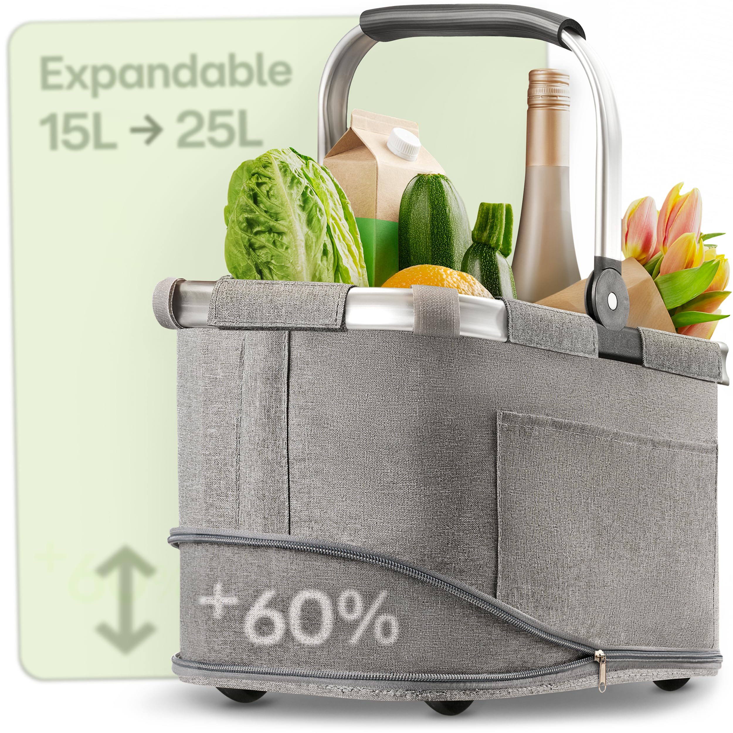 Praknu Foldable Shopping Basket – 2 in 1 Expandable from 15L to 25 L – Removable & Washable Fabric – Stable with Aluminum Frame & Reinforced Base – Extra Inner & Outer Pockets – Grey