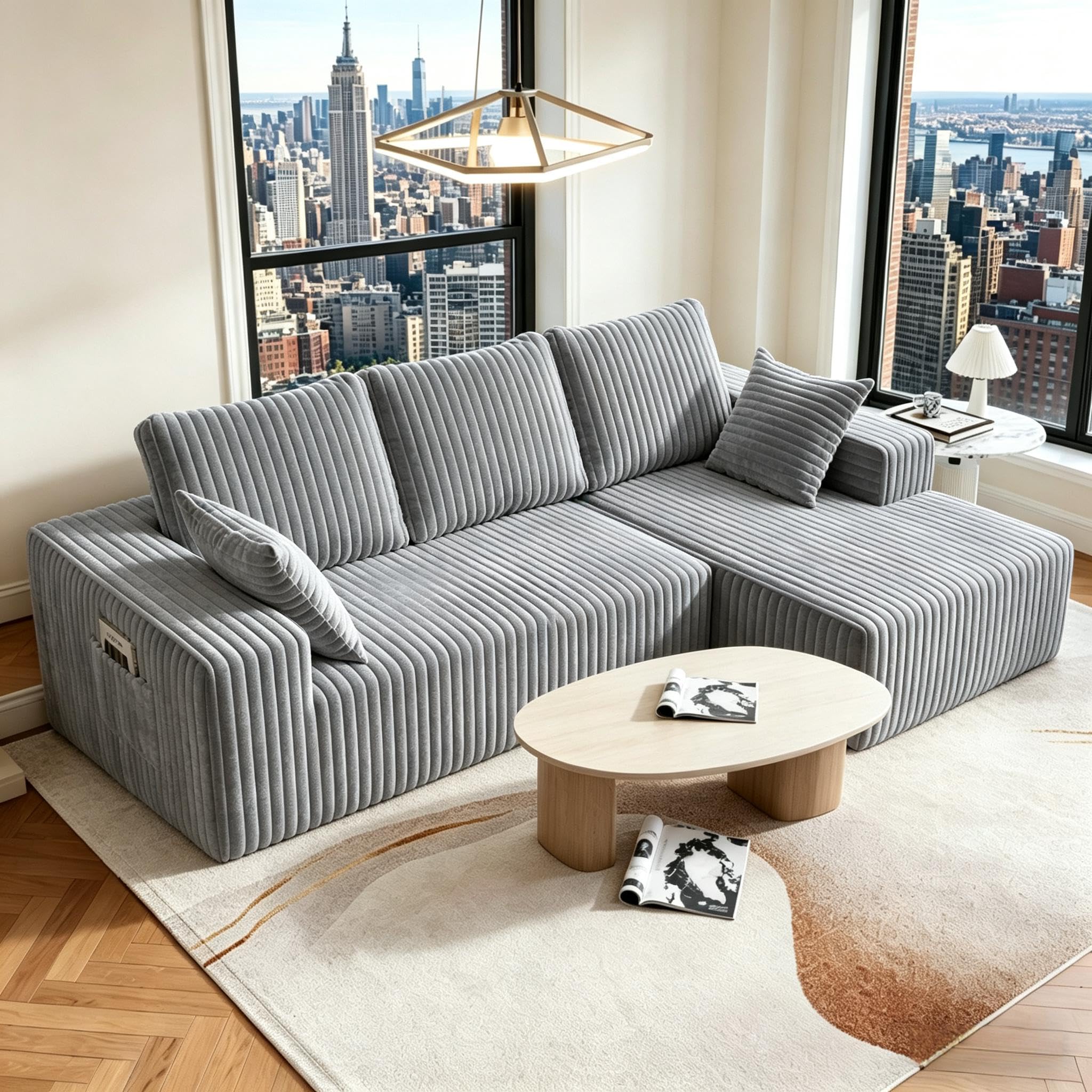 95" Modular Sectional Sofa - Memory Foam Sectional Couches with Deep Seat and Side Pockets，Modular Sofa Couches L-Shape Couch with Chaise, Boneless couches for living room(Gray, 95"+Right Chaise)