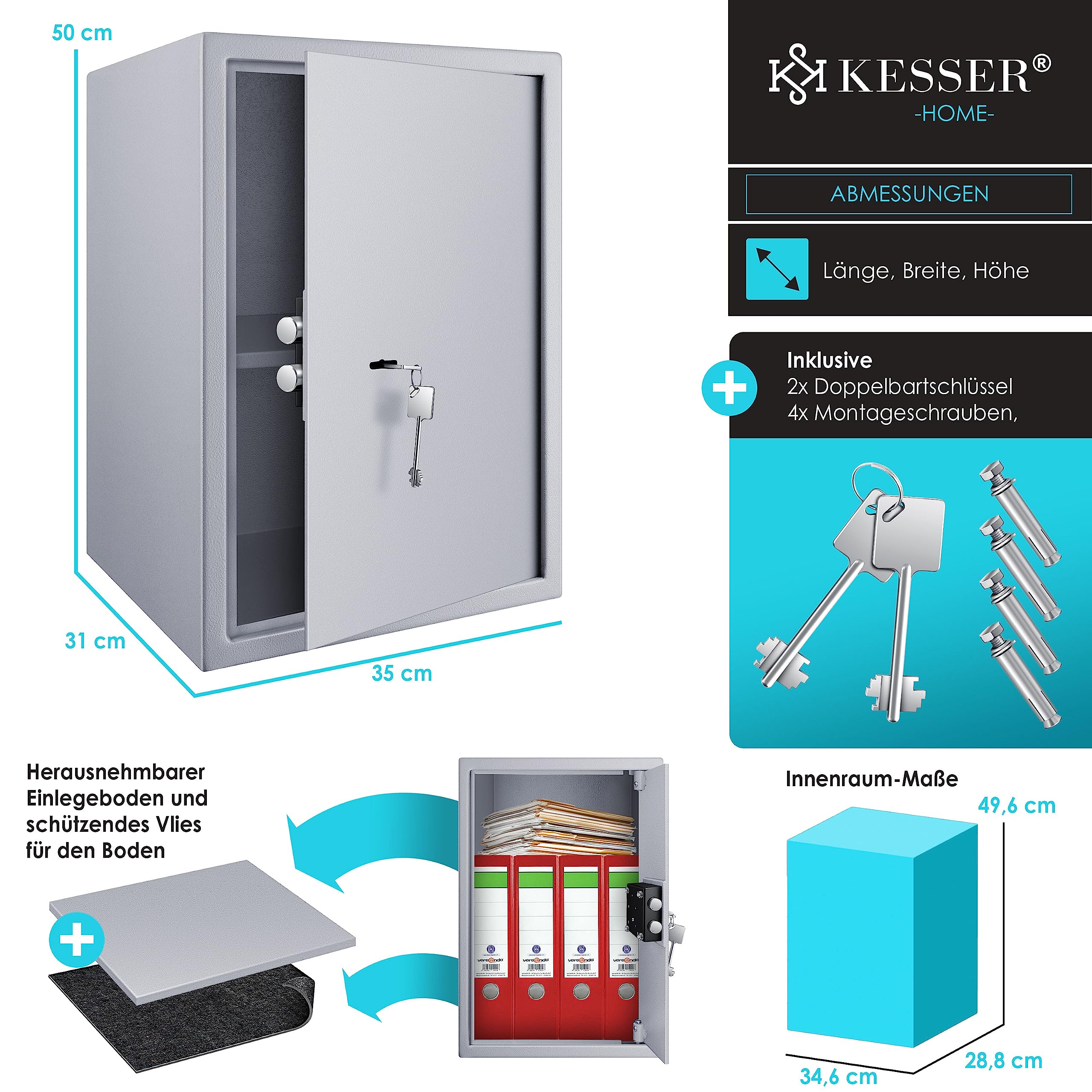 KESSER® Cassaforte per mobili con doppia serratura, cassaforte da parete, cassaforte da parete, 50 x 35 x 31 cm, con 2 chiavi e viti di fissaggio, argento