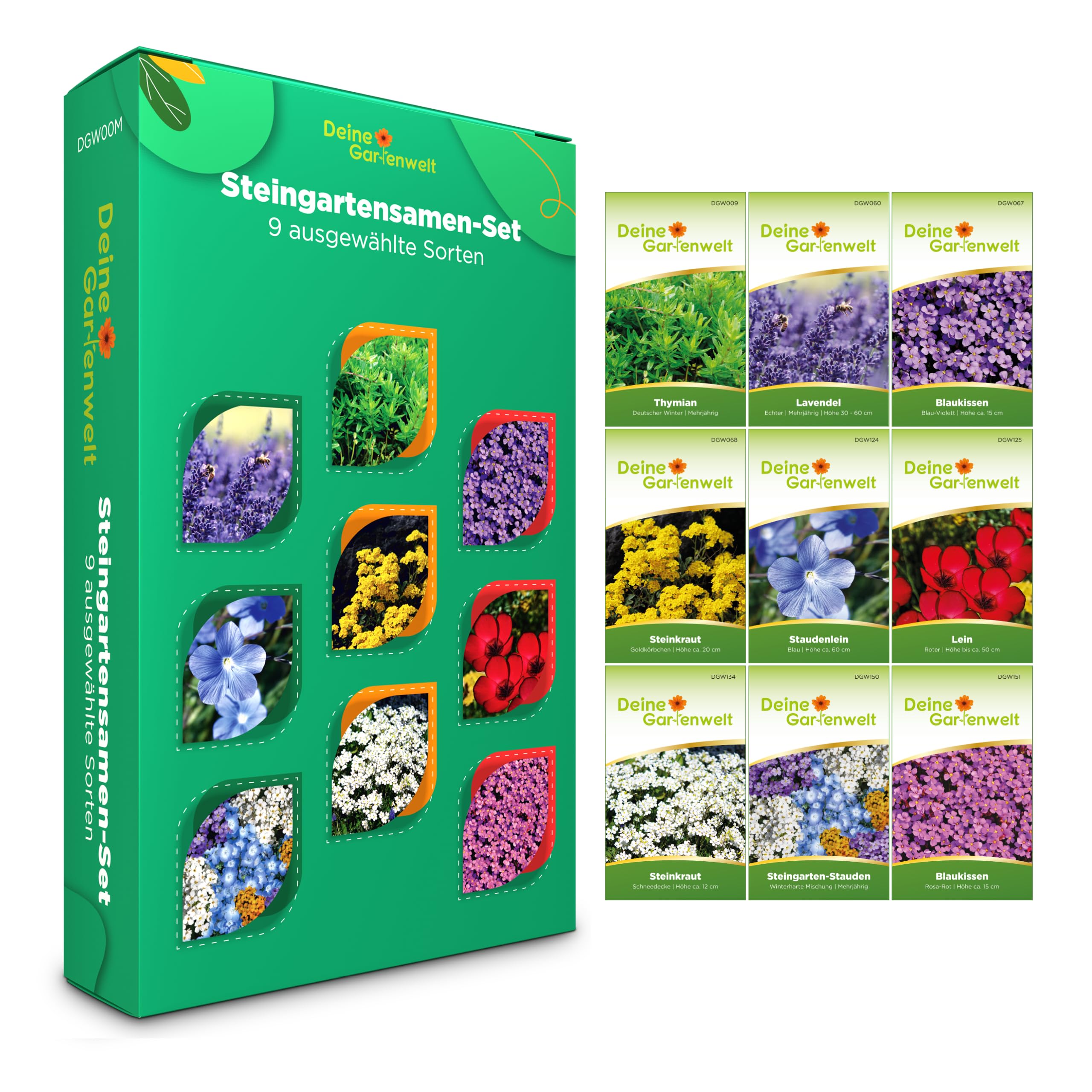 Steingartensamen Set - 9 Sorten Samen - Saatgut Sortiment - Set für Steingärten - Geschenkset - Blaukissen, Steinkraut, Staudenlein, Steinkraut, Thymian, Lavendel