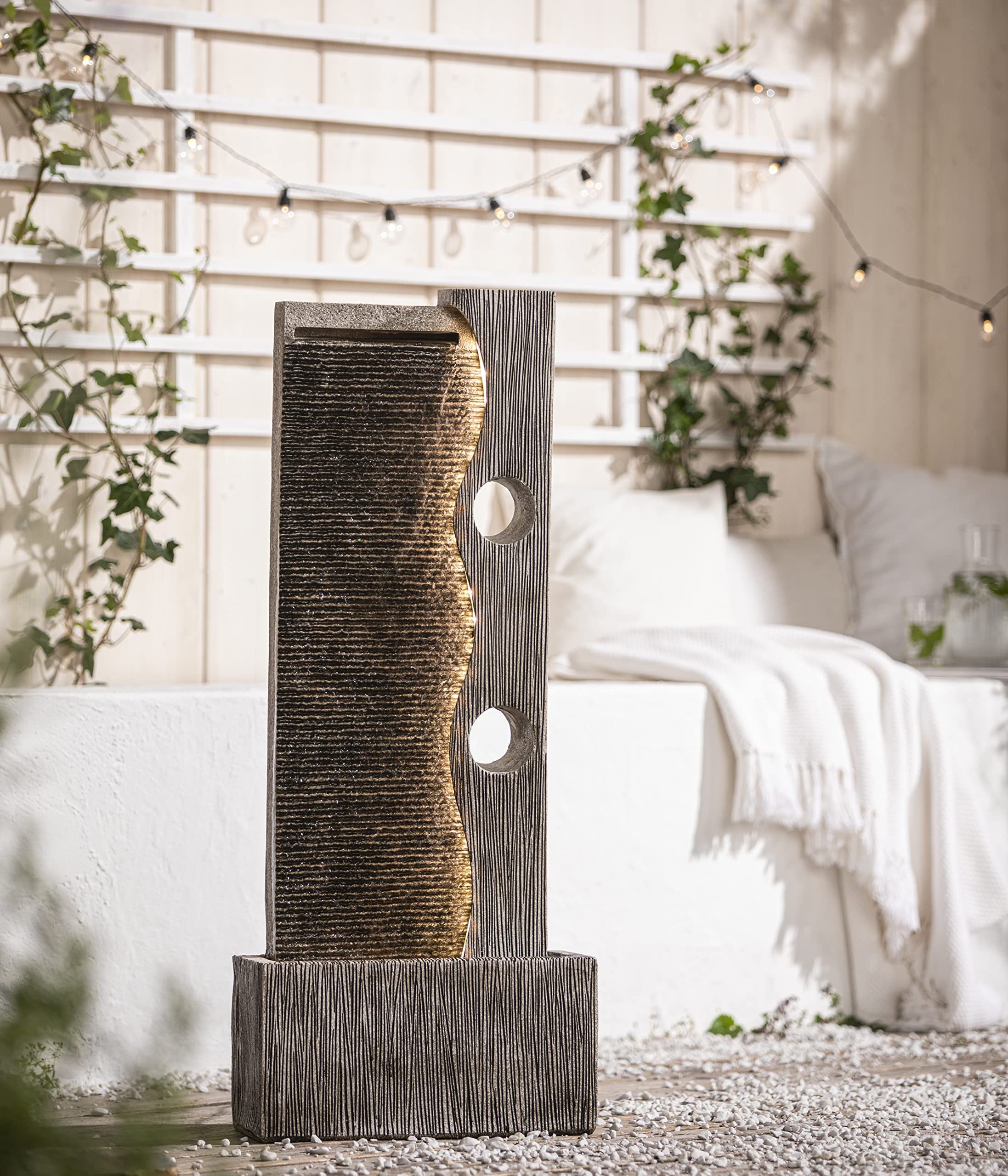 Dehner Fuente de jardín Eclipse con iluminación LED, Aprox. 100 x 40 x 19,8 cm, poliresina, Gris