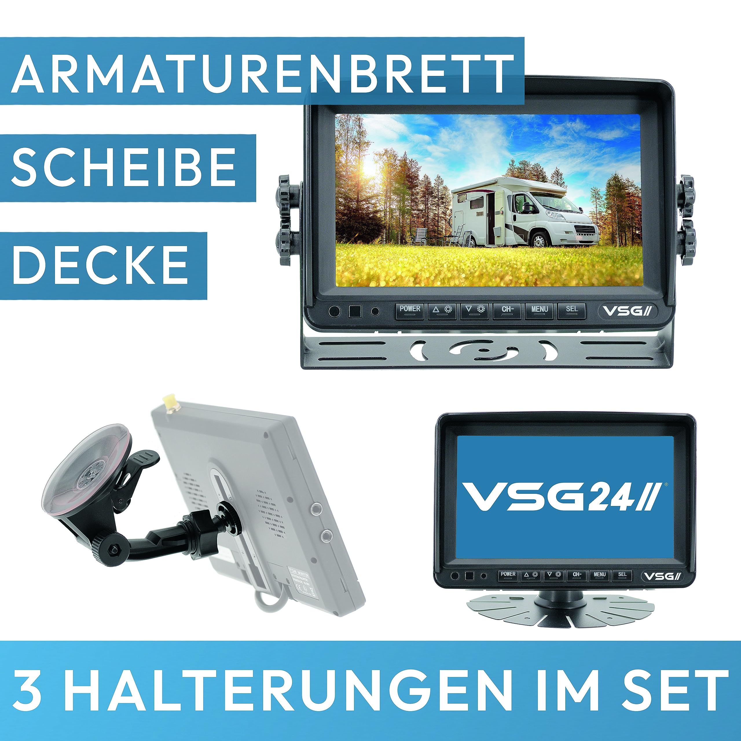 VSG Bezprzewodowy system cofania 24 7" Premium PRO HD do przyczepy kempingowej, przyczepy dla koni, zestaw samochodowy, kamera cofania + monitor, kamera rejestracyjna, doposażenie kamery 12 V-24 V,