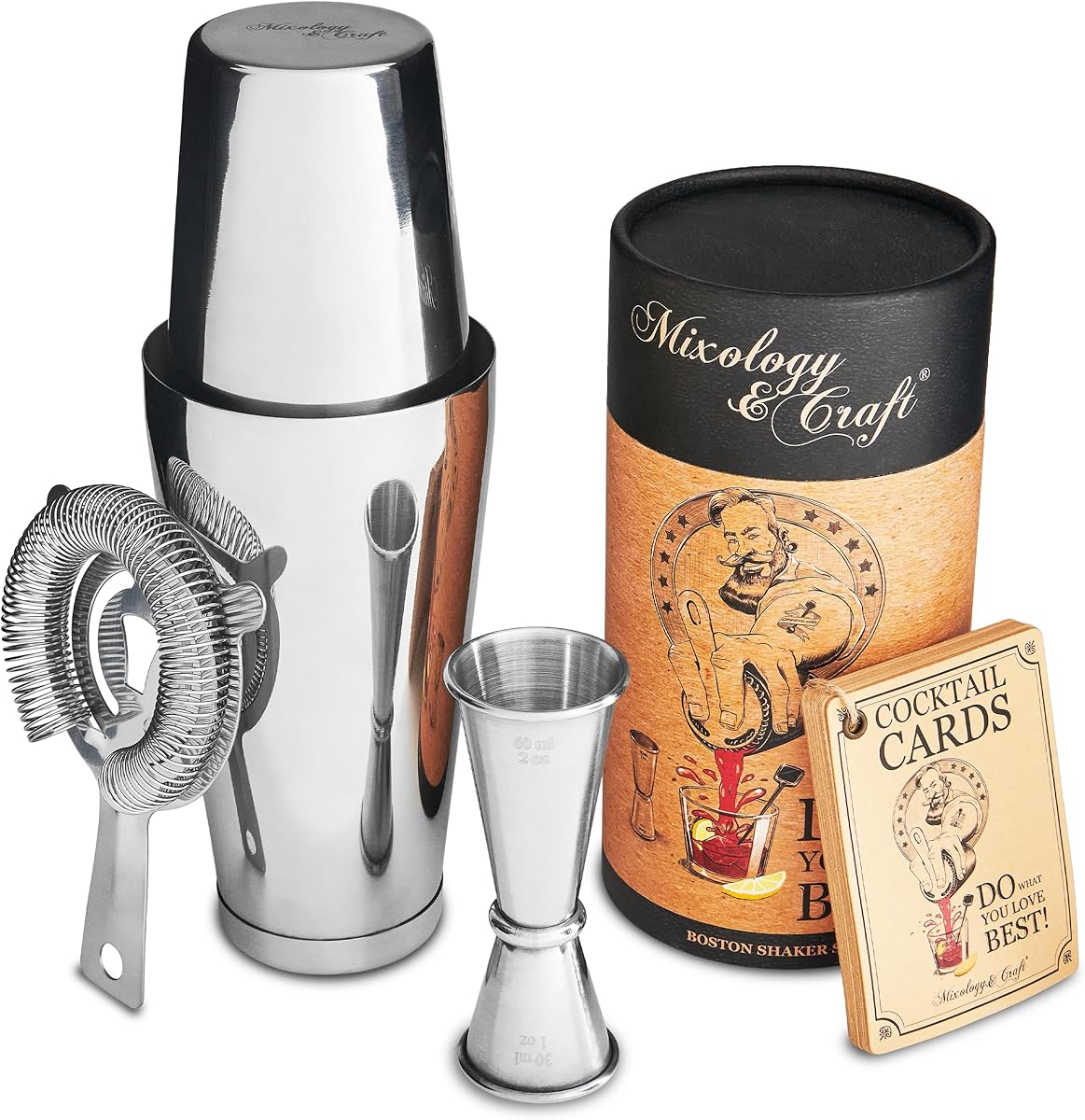 Mixology Cocktail Shaker Boston Shaker Set Professional Weighted Martini Shakers, Strainer and Japanese Jigger, Portable Bar Set for Drink Mixer Bartending, Exclusive Recipes Cards (Silver)