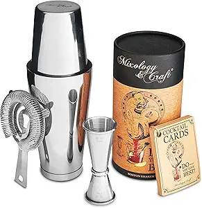 Mixology Cocktail Shaker Boston Shaker Set Professional Weighted Martini Shakers, Strainer and Japanese Jigger, Portable Bar Set for Drink Mixer Bartending, Exclusive Recipes Cards (Silver)