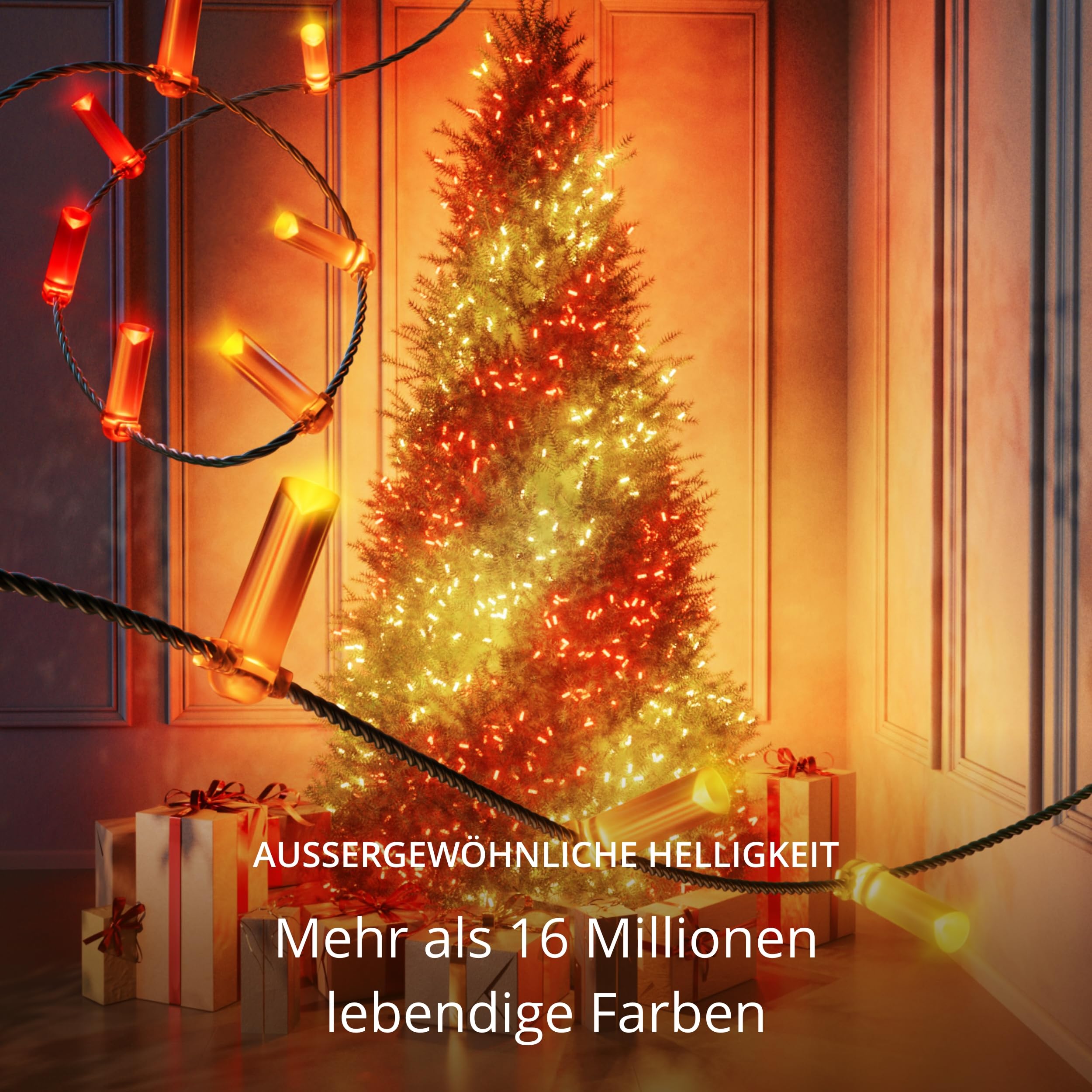 Twinkly Strings USB-C Candle 200 LED, LED-Lichterkette in Kerzenform, RGB LED-Lichter Mehrfarbig, Lichter zum Valentinstag, Kompatibel mit Alexa und Google Home, USB-C, Grünes Kabel, 12m