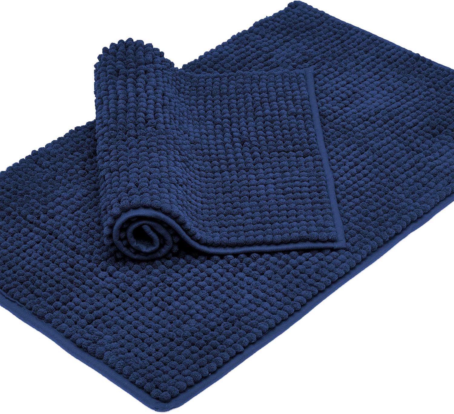 Bathroom Rugs Sets 2 Piece, Chenille Bath Mat Non Slip, Water Absorbent Low Profile Bathroom Mat, Machine Washable Bath Rug for Bathroom, 32"×20"+24"×16" Navy Blue
