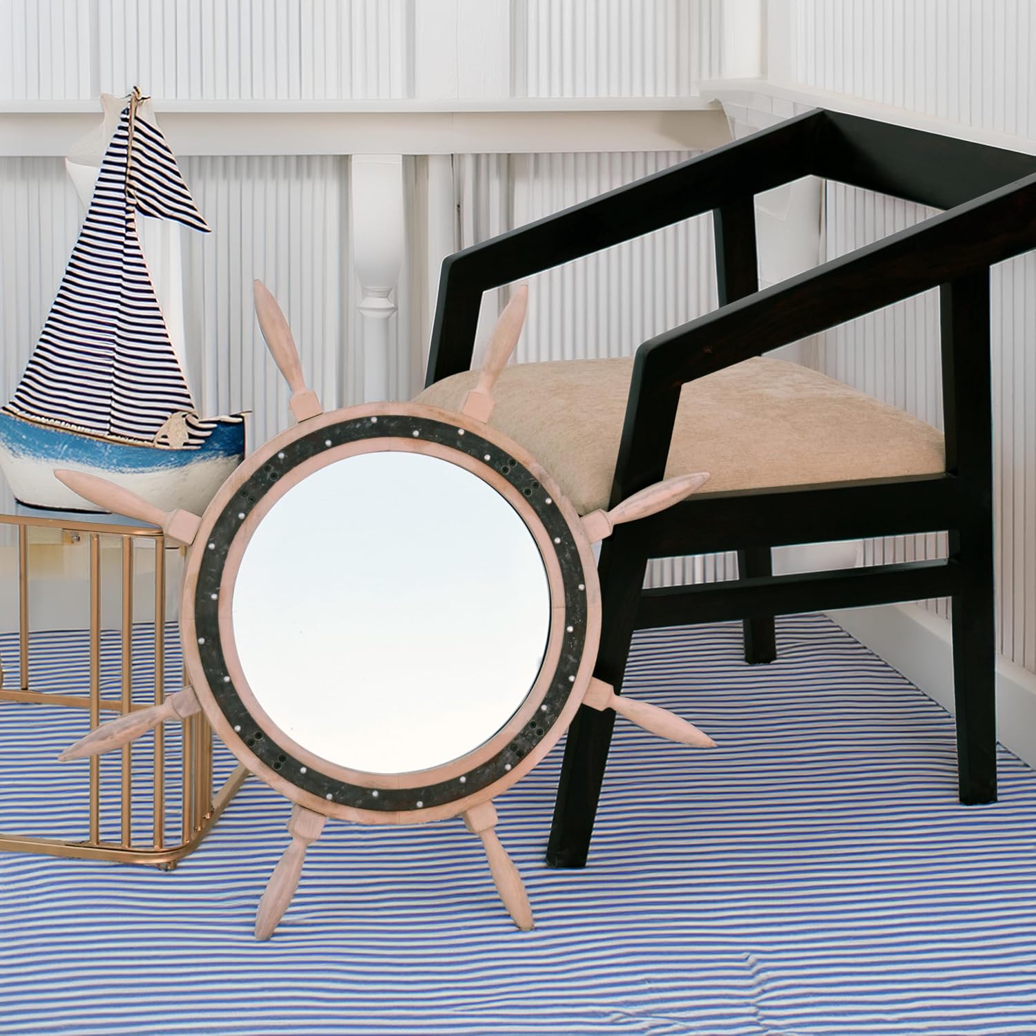 Nagina International Aged Ships Wheel Mirror with Rust Surface and Antiqued Weathered Wood a Big 29" Diameter