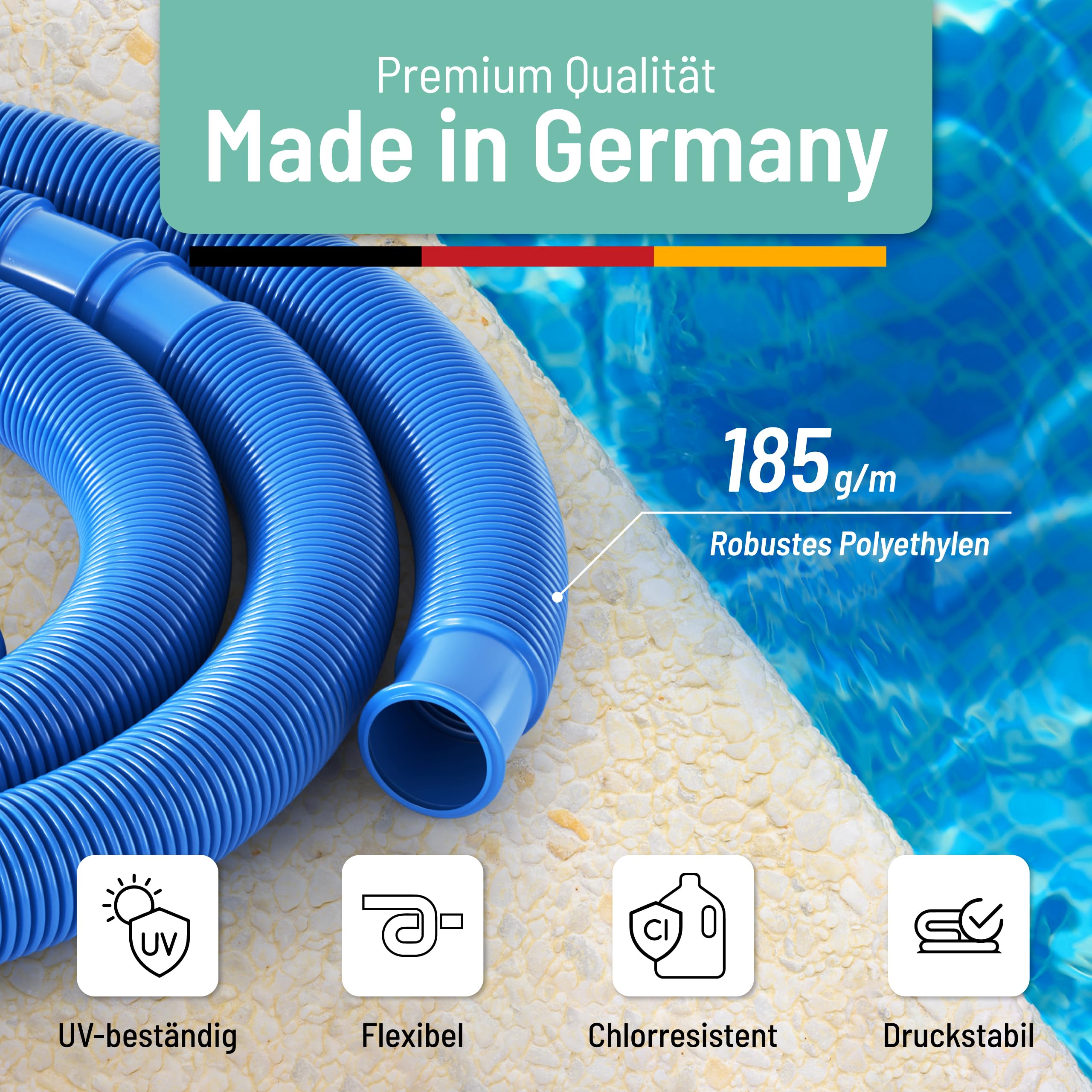 poolomio Wąż basenowy 38 mm / 15 m – elastyczny wąż do pompy basenowej i odkurzacza basenowego – odporny na promieniowanie UV i chlor wąż spiralny – wysokiej jakości wąż ciśnieniowy i ssący jako