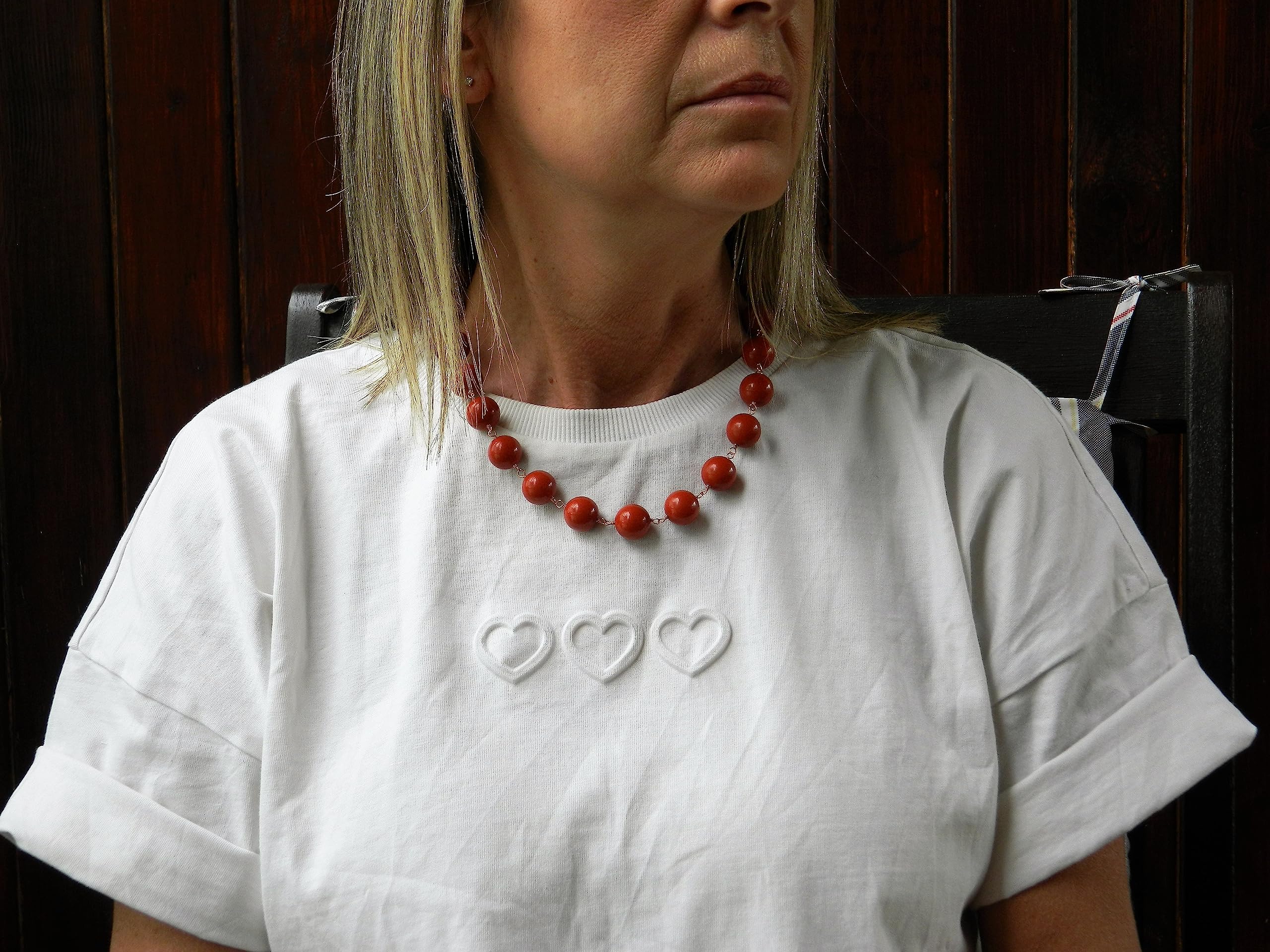 Collana girocollo donna in pasta di corallo rosso Sardegna – Palline 14 mm e goccia pendente 12x16 mm – Argento 925 placcato oro rosa – Handmade Made in Italy - DodiGioielli