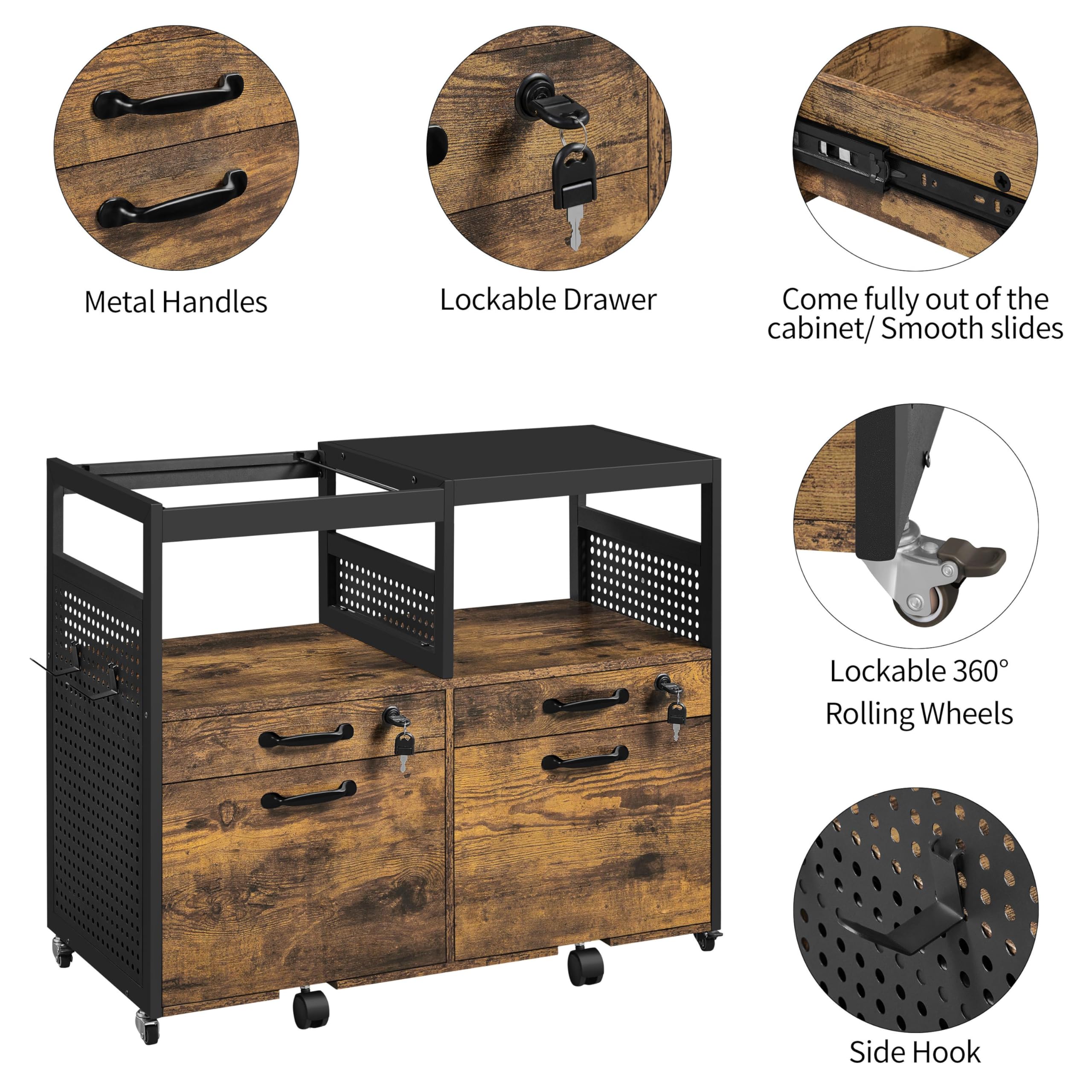 Yaheetech Archivador Móvil con 4 Cajones Cajonera Móvil con Ruedas Compartimento Abierto 82,5x40x69 cm Cajonera Escritorio para Documentos A4 Archivador de Oficina con Ganchos Laterales