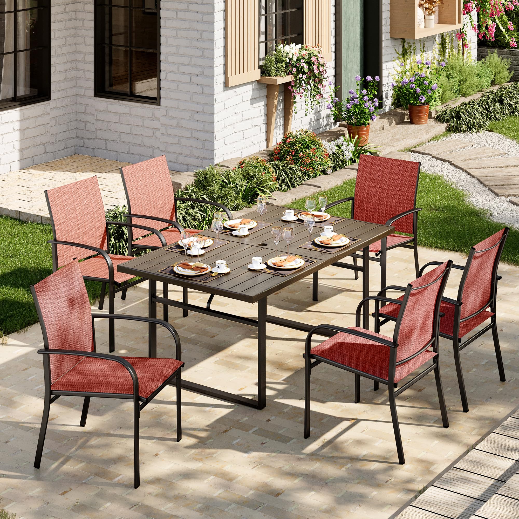 7-Piece Outdoor Dining Set 6 Red Textilene Chairs and Steel Tabletop with Wood Grain Rectangle Table for Deck Garden Backyard Lawn Poolside