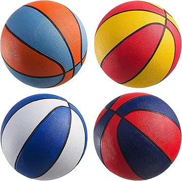 PlayBolt Rubber Mini Basketballs 7 Inch, Size 3 (Pack of 4) - Pool Basketball for Kids in Assorted Colors Indoor & Outdoor, Boys & Girls, for Small Hoops, Game Prizes, Arcade Games, w/Pump