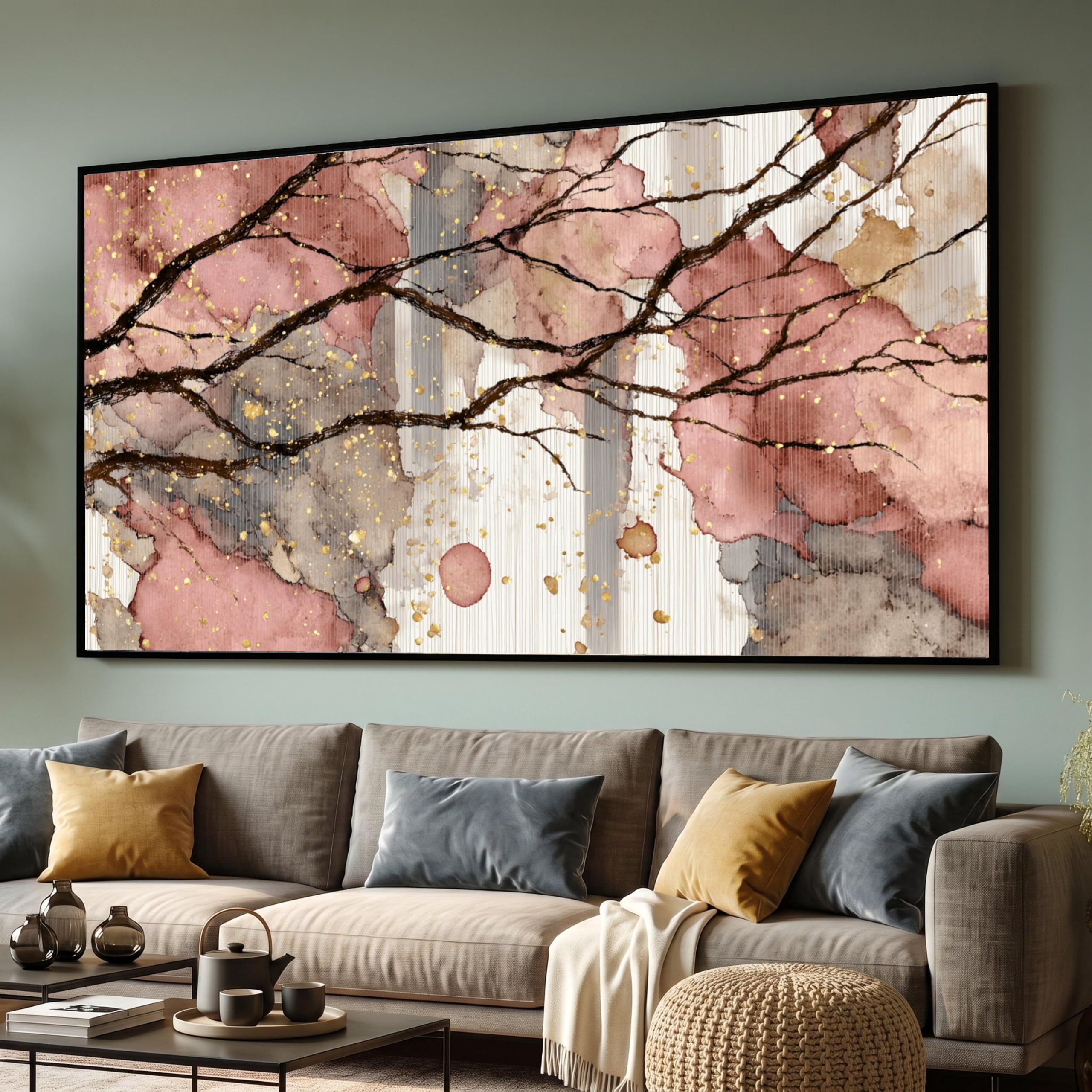 Impression d'art branches florales or et rose sur toile - 8