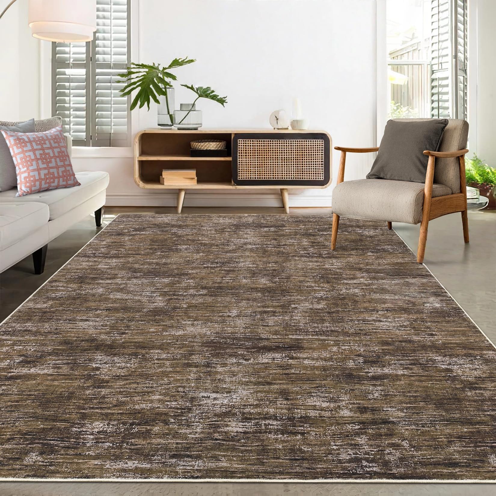 LuxFocus Modern Teppich Wohnzimmer 160x230cm, Waschbar Schlafzimmerteppich mit einfarbigen Texturmustern, rutschfest Faltbare Teppiche für Büro Esszimmer, Braun