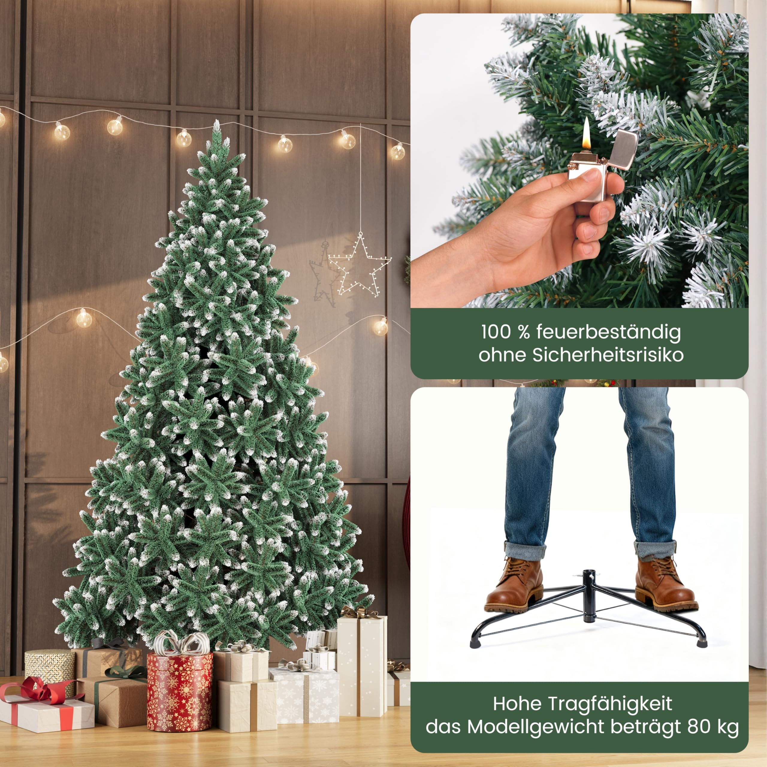 Beflockter Weihnachtsbaum 1,8 m (6 ft) – Künstlicher Schneebeflockter Tannenbaum mit 850 Spitzen, Realistischer Weiß-Grüner Look, Stabiler Metallständer, Weihnachtsdeko für Innen und Außen