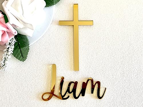 Miniatura 9 de Dije de bautizo personalizado con nombre y cruz para bautizo, primera comunión con espejo, decoración acrílica para tartas, Dios bendiga, tamaños