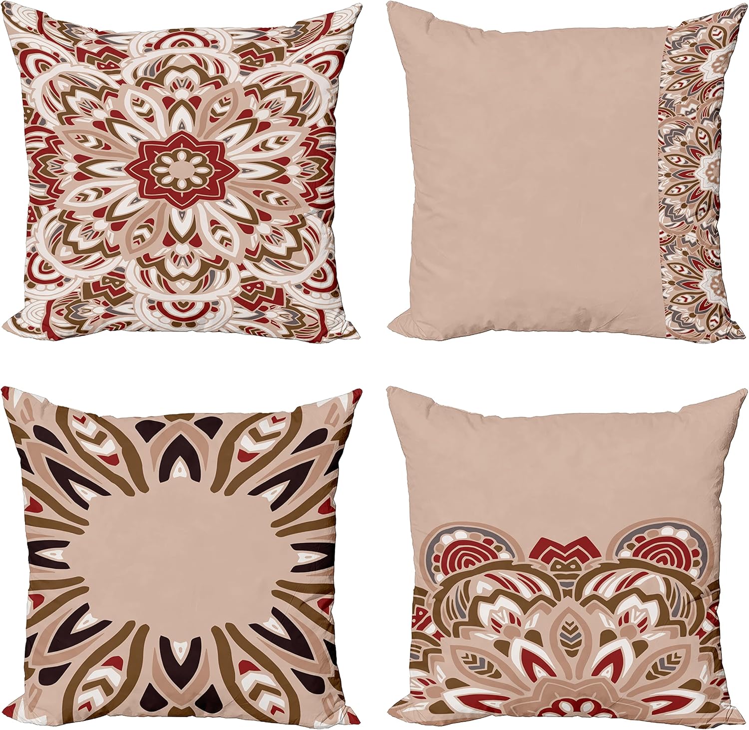 Ambesonne Mandala Throw Pillow Cushion Case Pack of 4, Multicolor Swirling Boho Artwork with Eastern Influences Abstract Look, Modern Accent Double-Sided Digital Printing, 16", Pale Salmon Raspberry