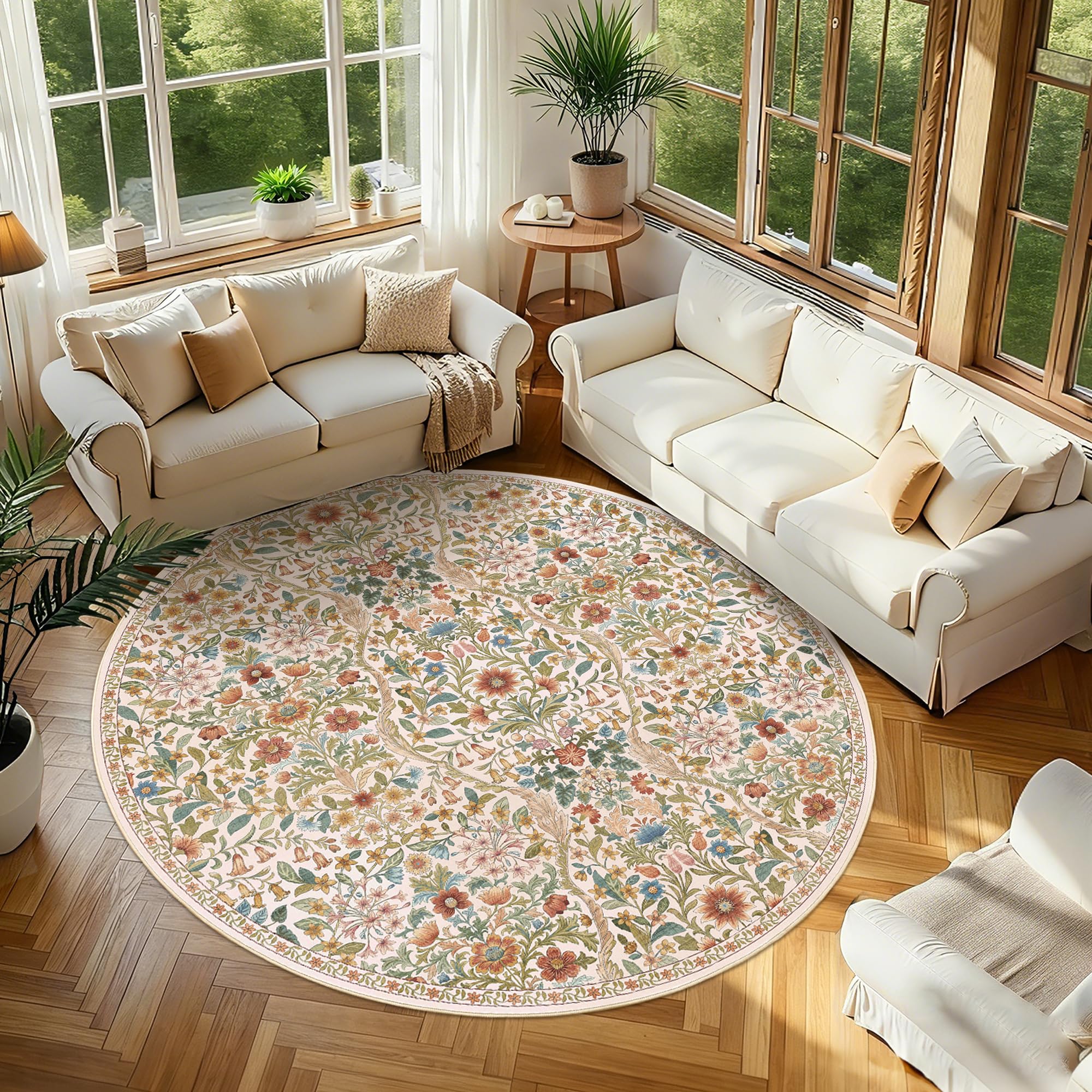 Round Rug 7ft Floral Circle Rug Beige Botanical Indoor Area Rugs