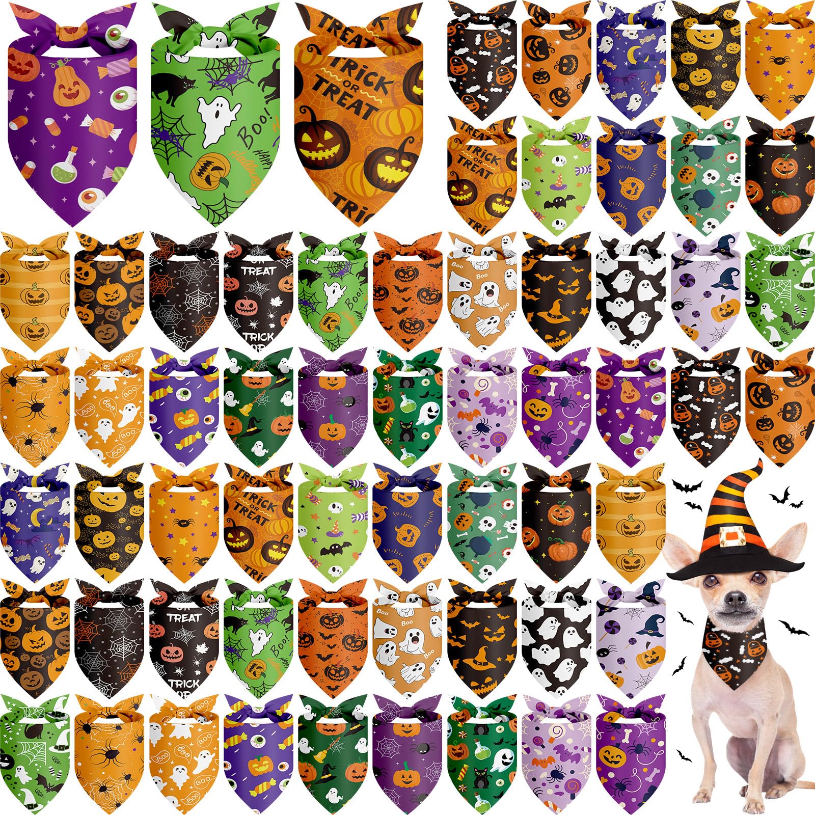 Chunful 60 Pcs Halloween Bandanas for Dogs Pumpkin Ghost Spider Patterns Soft Bibs Adjustable Triangle Doggie Scarf for Small Medium Large Pet Costume(25.6 x 17.7 x 17.7 Inch) — image 1