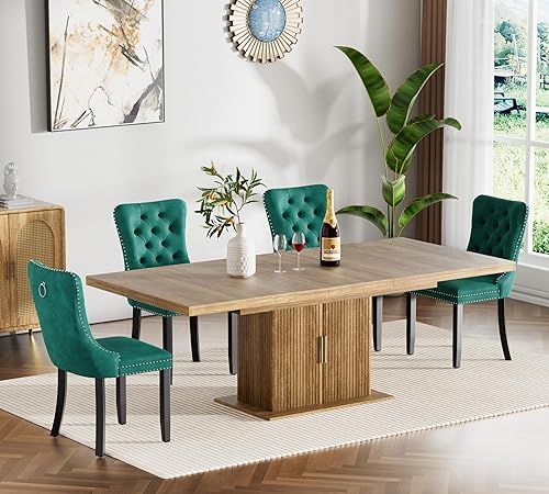 Miniatura 66 de Juego de mesa de comedor extensible para 8, mesa de comedor expandible de 78.74 pulgadas con 8 sillas tapizadas acolchadas amarillas, mesa grande