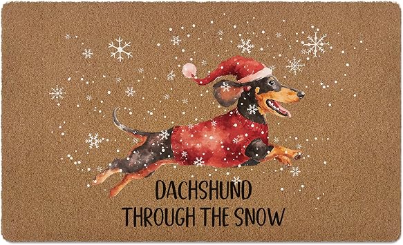 huester Dachshund Christmas Welcome Door Mat, Winter Christmas Dachshund Through the Snow Decorative Home Indoor Outdoor Porch Front Door Entrance Outside Welcome Doormat, Weiner Dog Gifts, 17x30 Inch