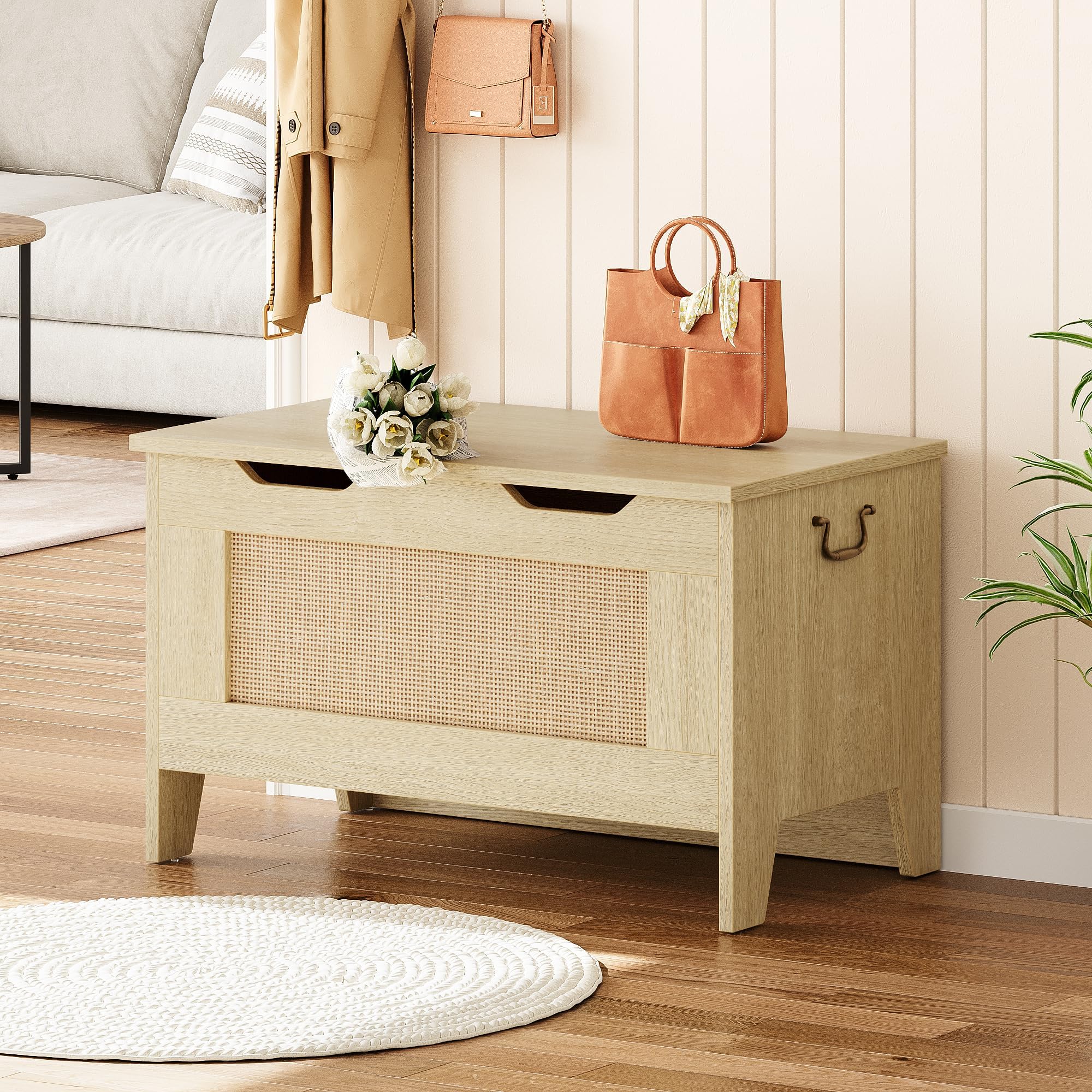 Garvee Baúl de Almacenaje baules de mimbre, baul almacenaje interior, Baul Juguetes Infantil,Para Entrada y Dormitorio.Color Madera Natural, 76×40×50 cm