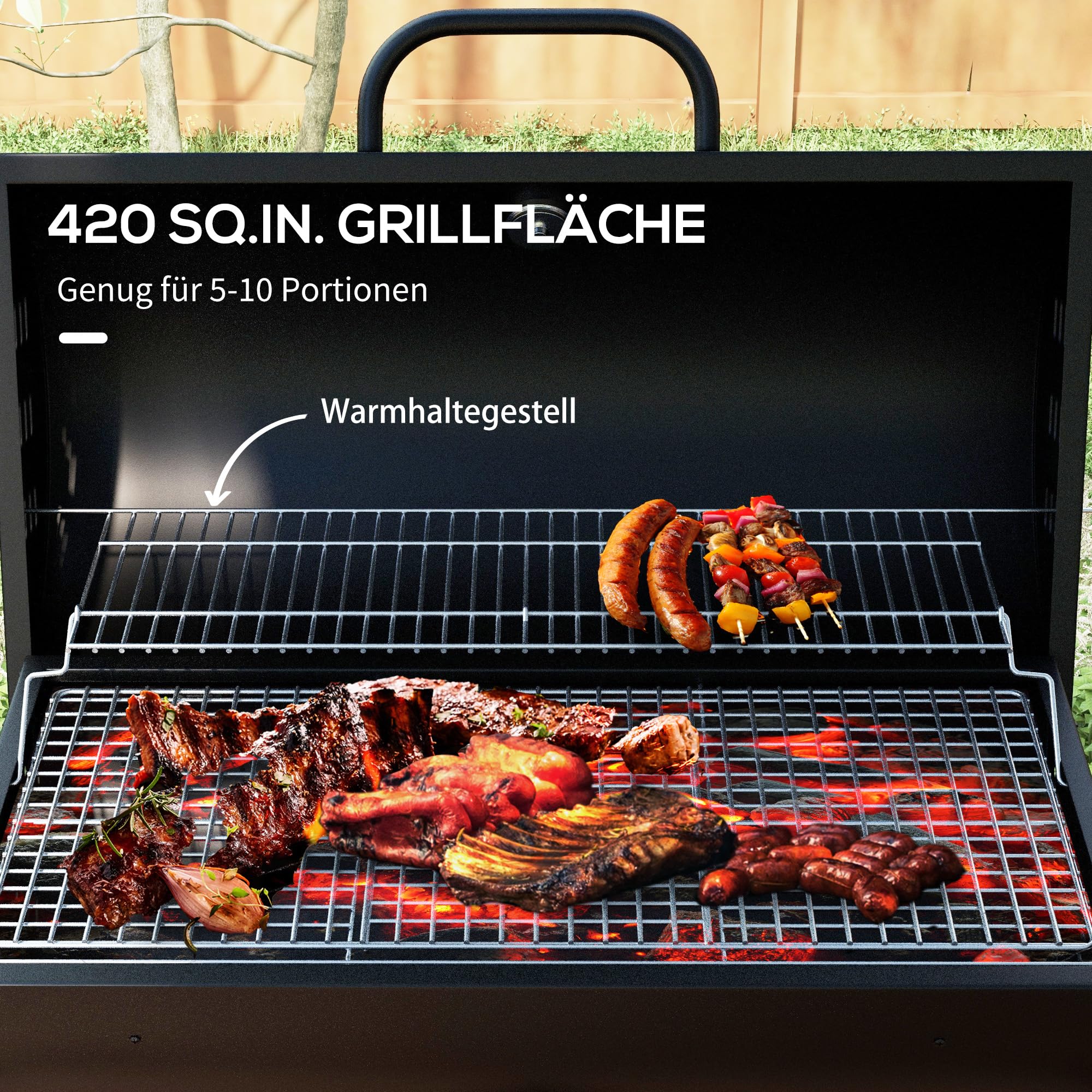 Outsunny Grill na węgiel drzewny z metalu z pokrywą termometr, 95 x 71,5 x 102 cm | BBQ Smoker, kółka, regulowana miska na węgiel, uchwyt, wózek grillowy, grill na węgiel drzewny, grill węglowy