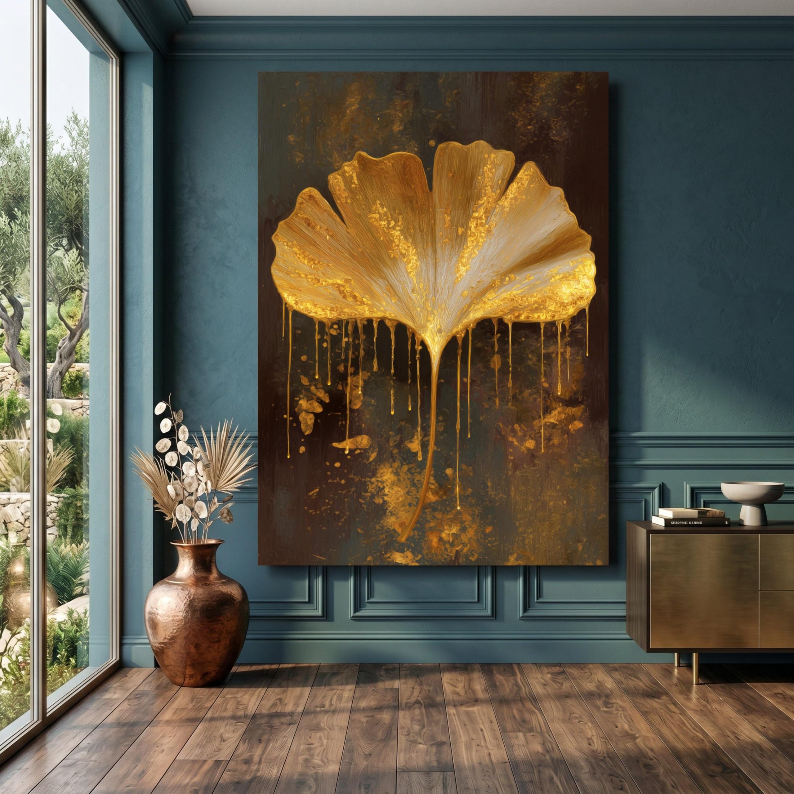 LMYCHENG Golden Ginkgo Leaf Canvas Prints, Abstract Botanical Art Oil Painting, Elegant Home Wall Decor Artwork(70x110cm/Internal Frame)