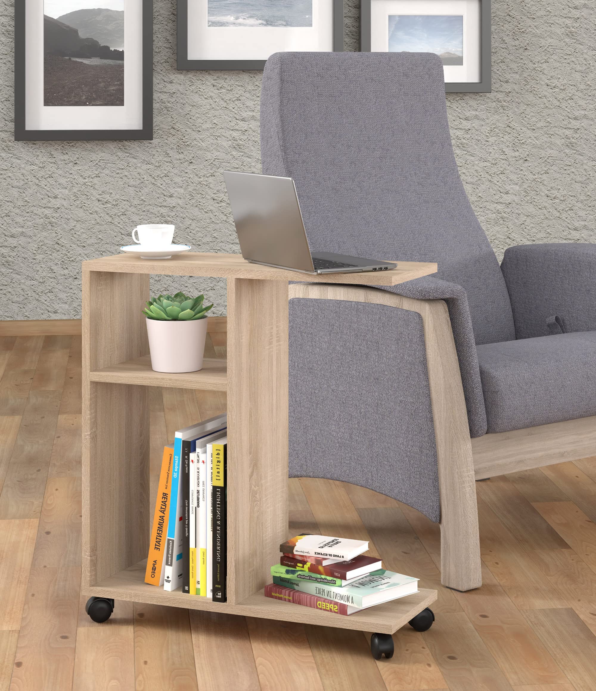 BIM Furniture Trasco 1 60 x 22 x 65 cm tavolino su ruote – tavolino da caffè – comodino – supporto per computer portatile – scomparti aperti – versatile (rovere Sonoma)