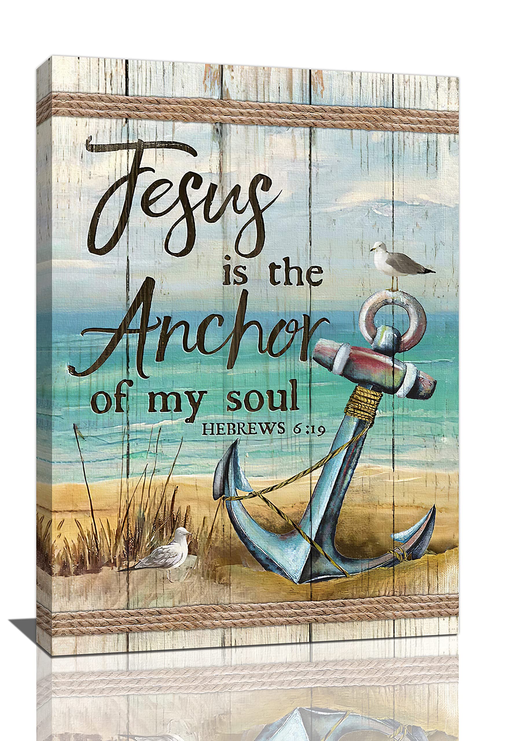 Christian Beach Anchor Wall Art Scripture Coastal Nautical Canvas Print Painting Bible Verses Pictures Framed Christian Gifts Artwork Dining Living