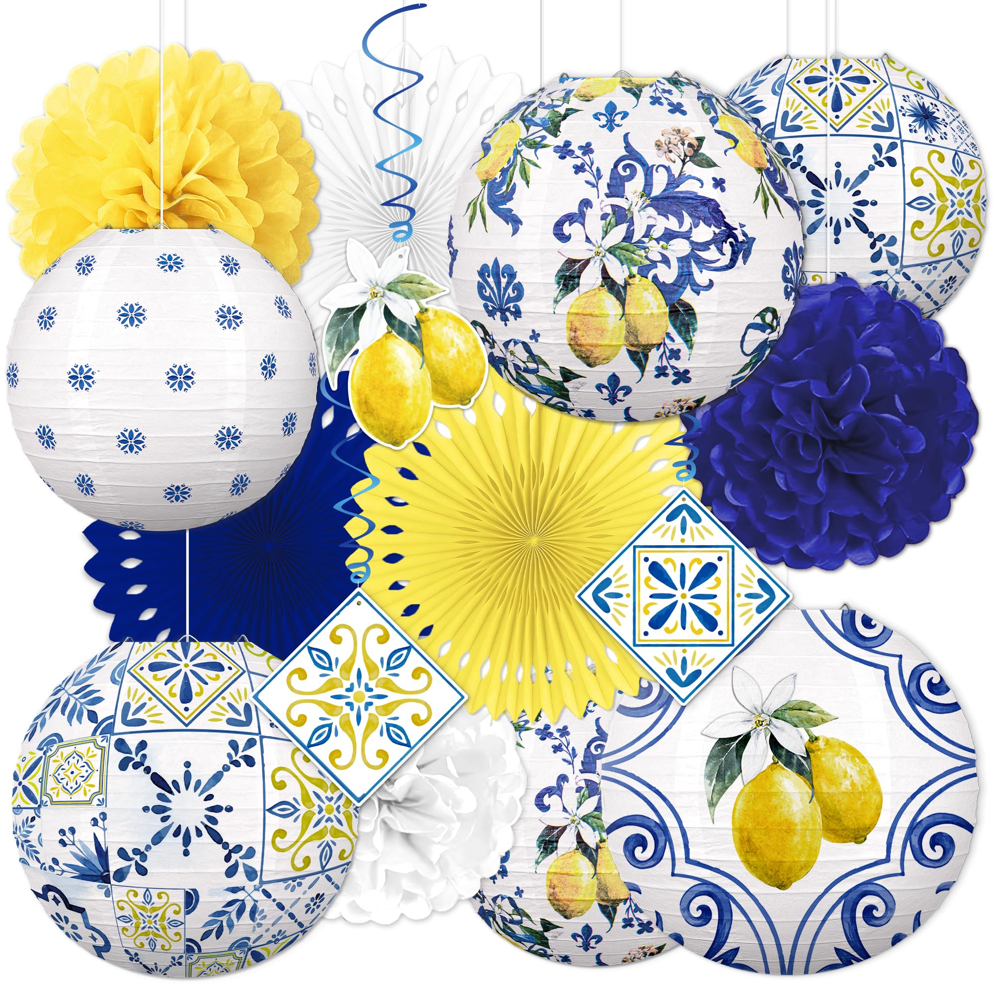 Lot de 15 lanternes en papier citron pour décorations de fête : côte amalfitaine Capri jaune et bleu Carreaux méditerranéens à suspendre pour fête prénuptiale, anniversaire, mariage – Style 2