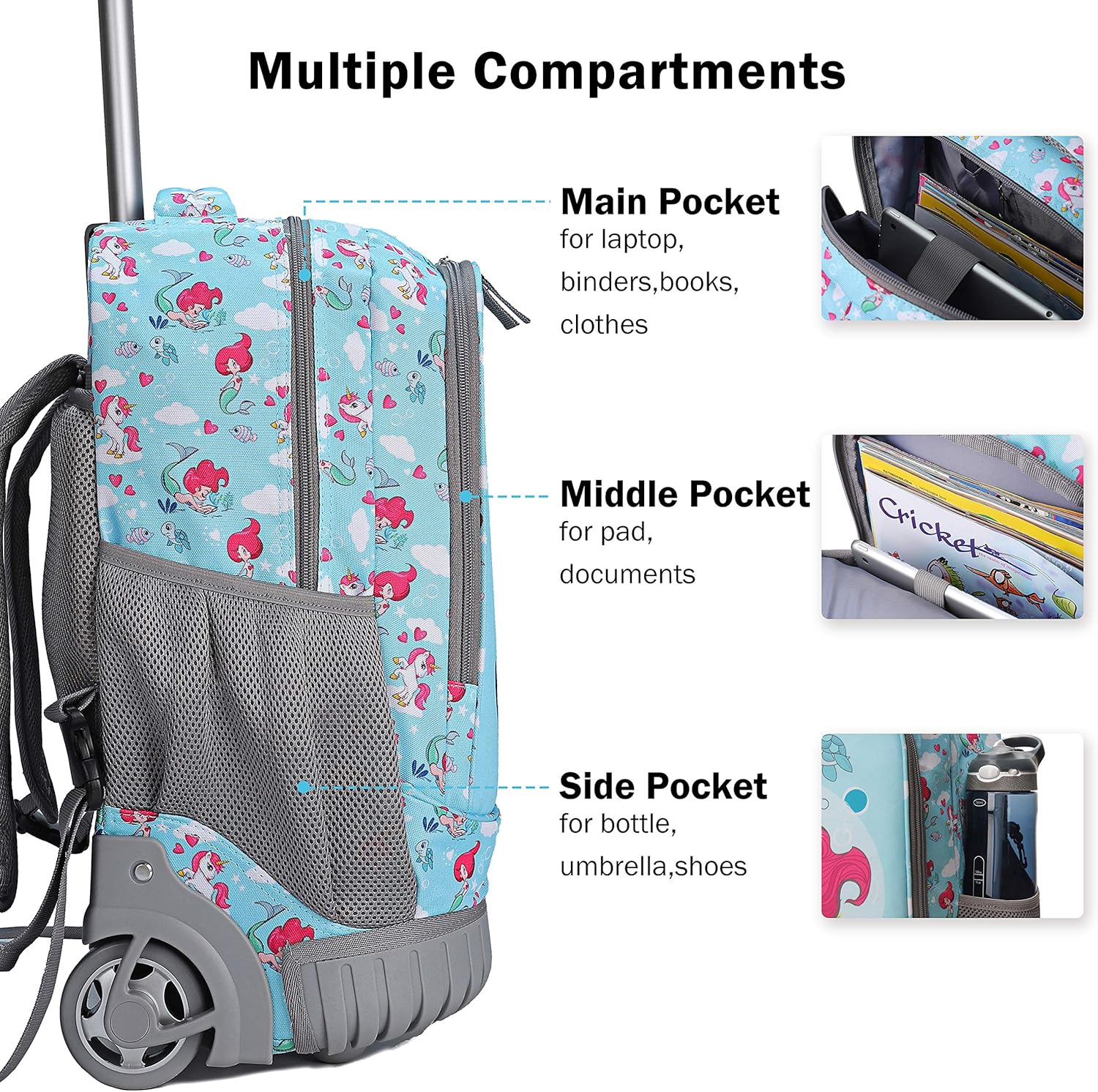 Tilami Rolling Backpack 19 inch Wheeled Cute LAPTOP Boys Girls Travel School Student Trip, Mermaid