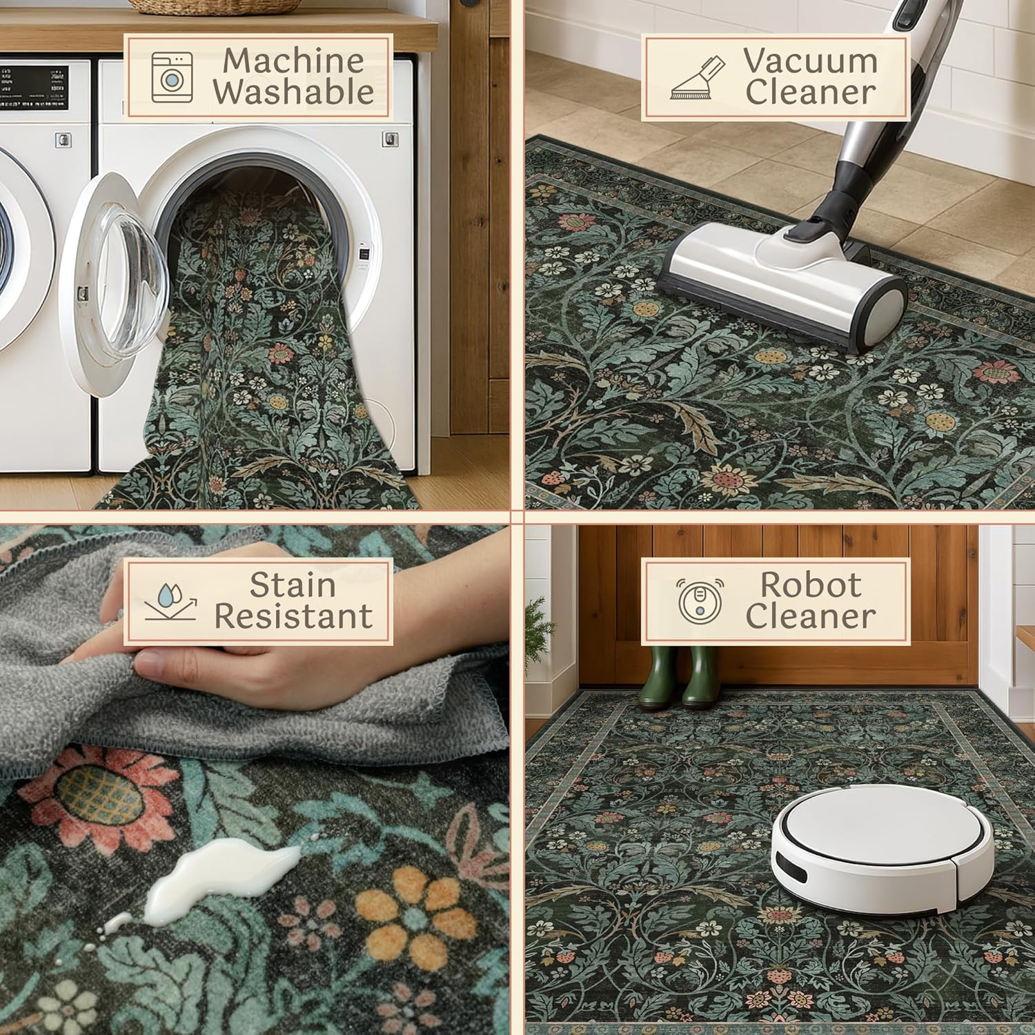 Dark Green 2x6 Washable Runner Rug Non Slip - Kitchen Hallway Runner 6ft - Floral Soft Thin Rug Non Skid for Bathroom Entryway, Vintage Low Pile Stain Resistant Floor Carpet