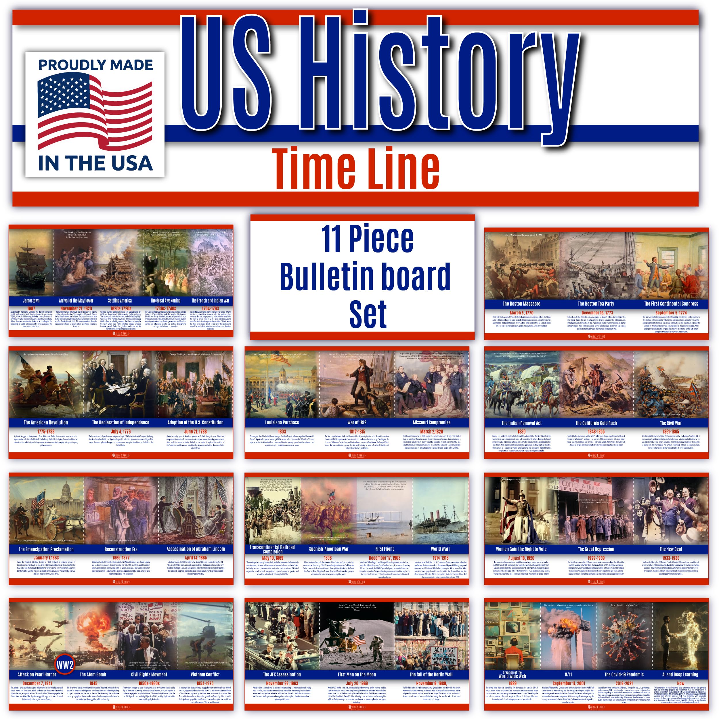 US History Poster Time Line bulletin board set, 11 charts pack Glossy Paper (9"x18") Young N Refined | USA MADE