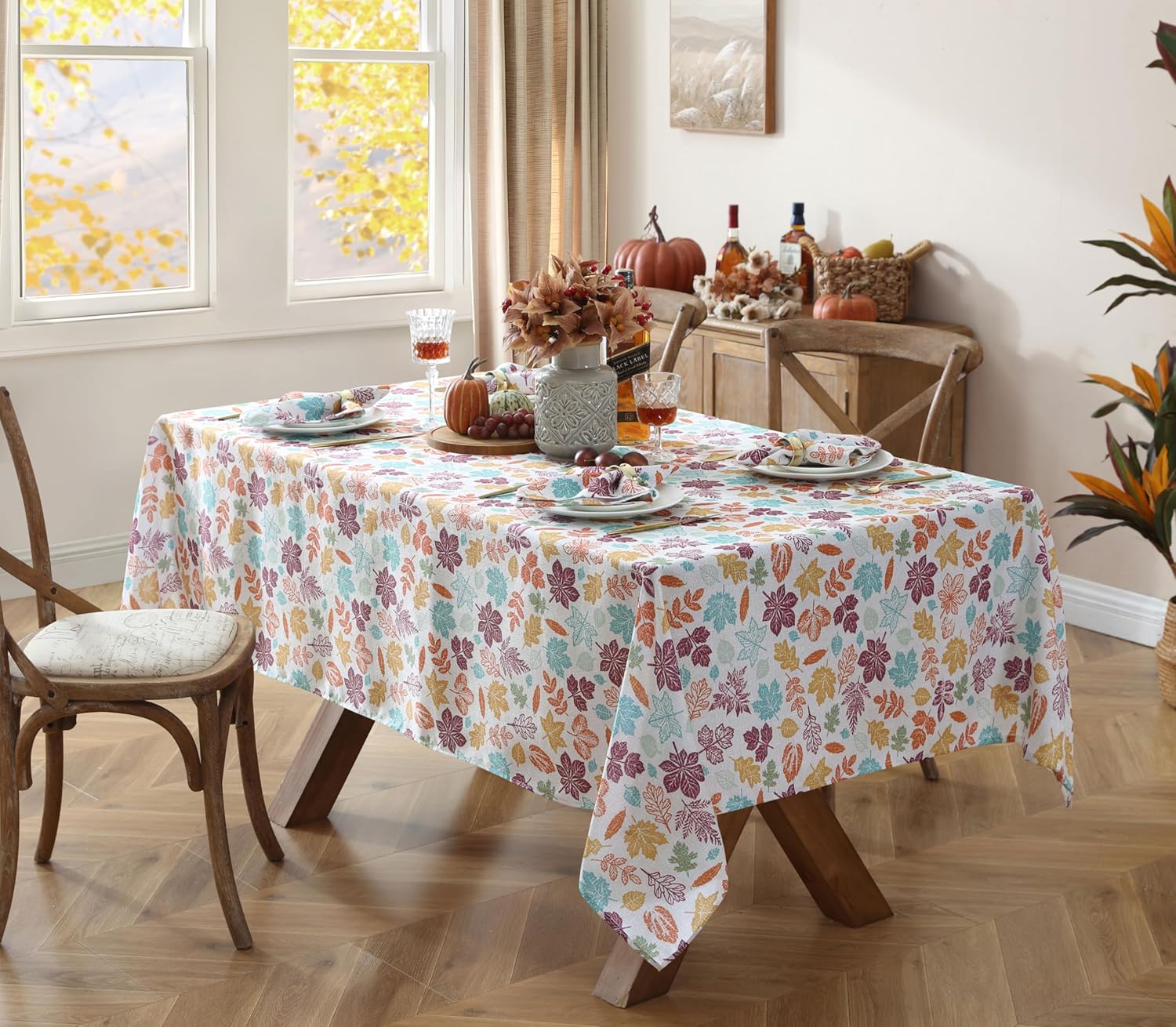 Home Bargains Plus Cranston Blue Leaves Fabric Tablecloth, 60 x 120 Inch Rectangle, Multicolor Botanical Leaf Print, Easy Care Fabric Dining Table Cover