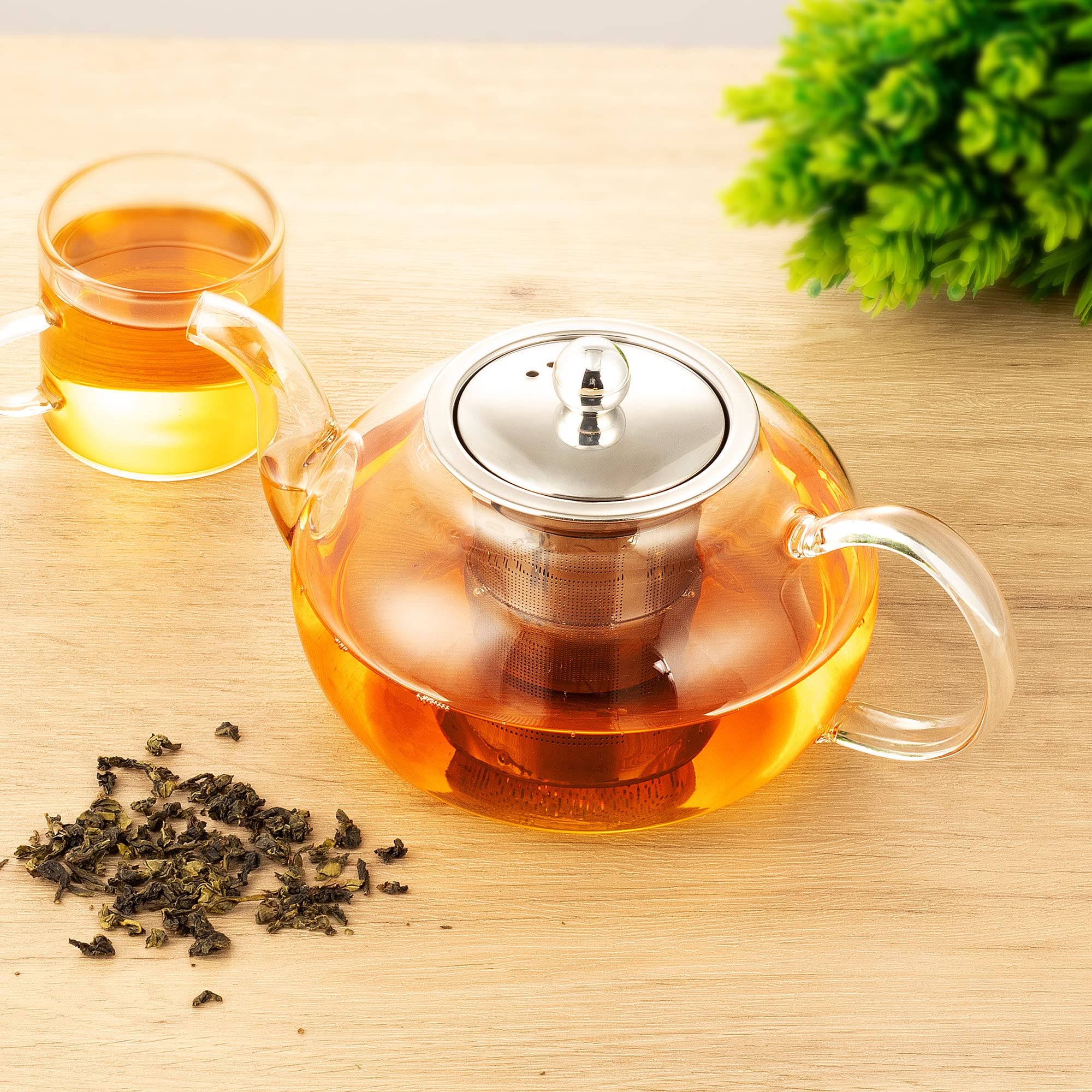 AdelDream Théière en verre avec infuseur, théière en verre avec cuisinière sans danger pour la floraison et la préparation de feuilles en vrac 1200 ml+chauffe-thé
