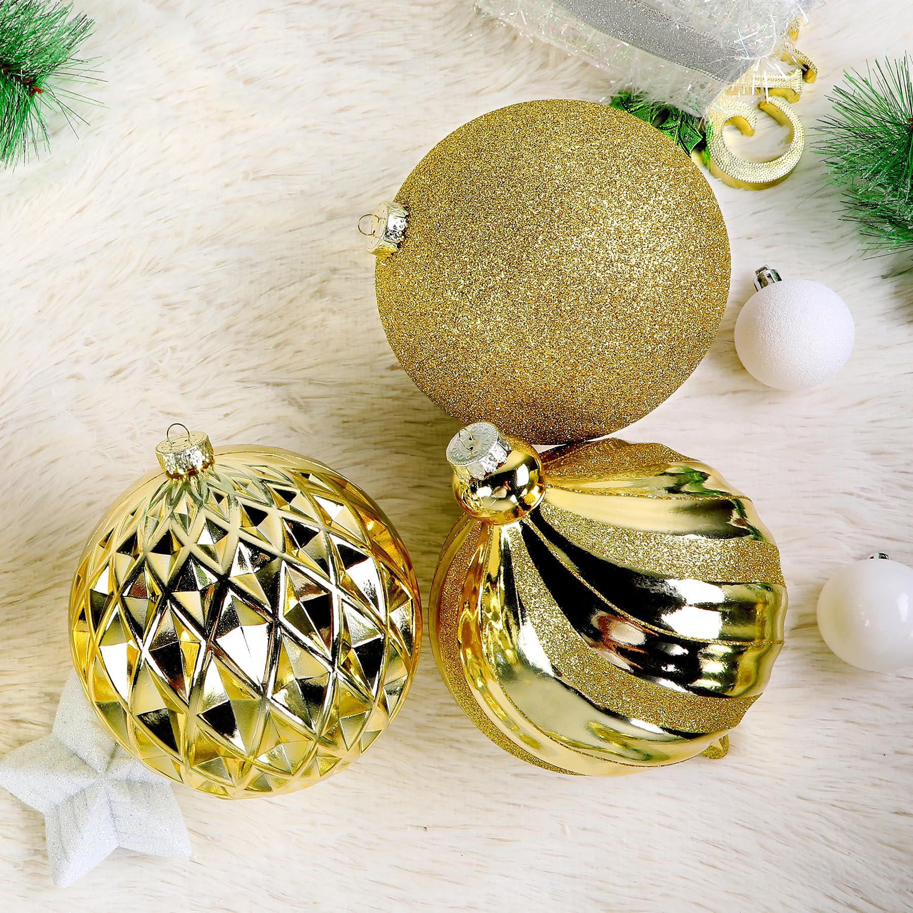 SHareconn Lot de 4 grandes boules de Noël à suspendre, 150 mm, boules décoratives en plastique incassable pour sapin de Noël, fête, mariage, doré