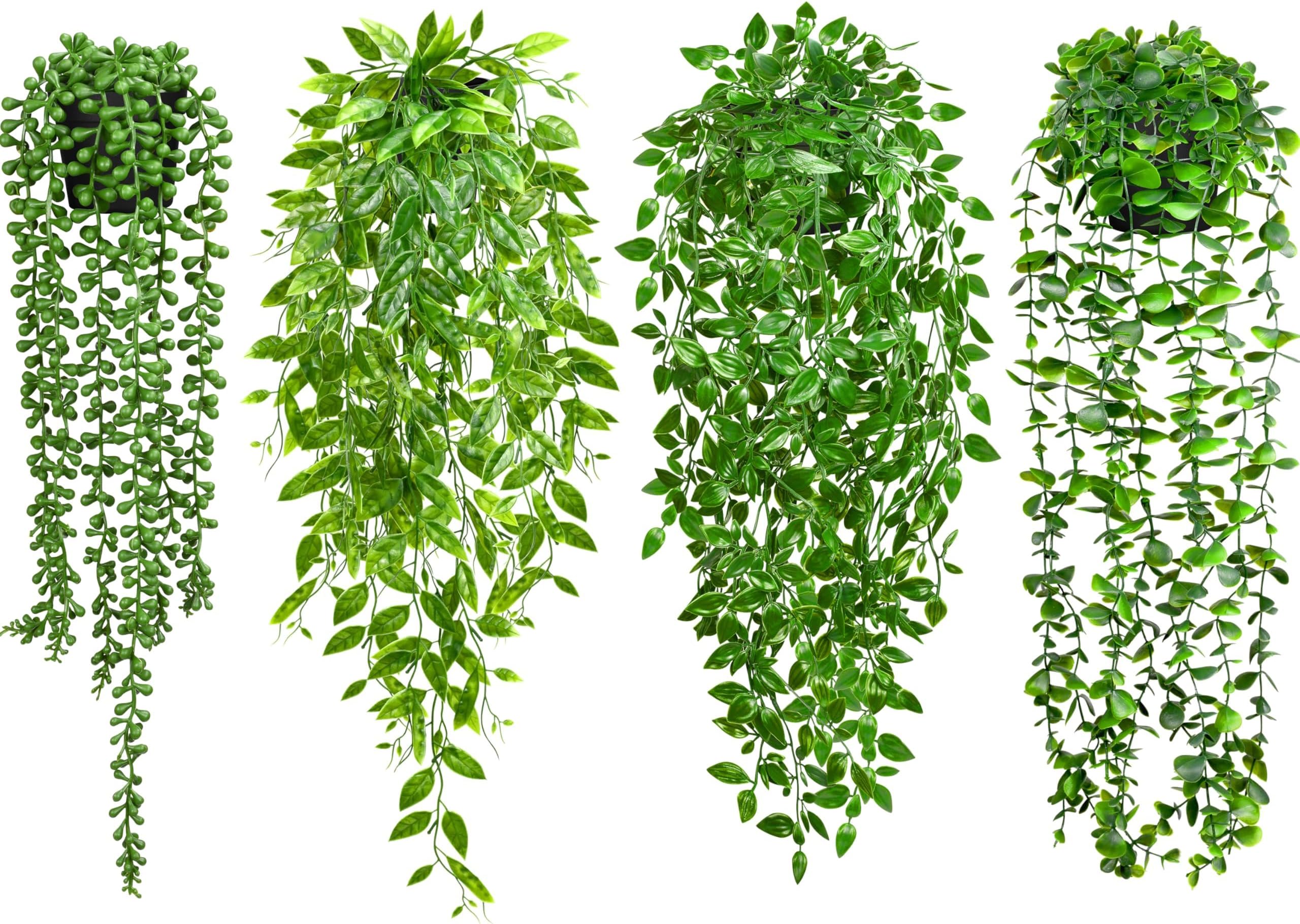 Palonu 4 Pack Faux Artificial Hanging Plants, Fake Potted Greenery with Eucalyptus Vine, Mandala, Pea Pod Leaves & String of Pearls in Pots for Office, Living Room, Bathroom, Indoor & Outdoor Décor