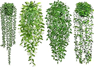 Palonu 4 Pack Faux Artificial Hanging Plants, Fake Potted Greenery with Eucalyptus Vine, Mandala, Pea Pod Leaves & String of Pearls in Pots for Office, Living Room, Bathroom, Indoor & Outdoor Décor