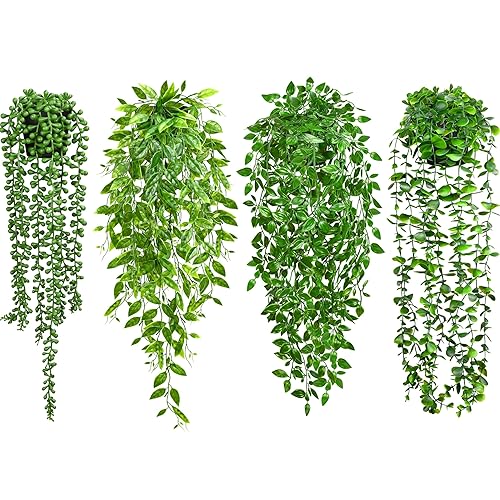 Palonu 4 Pack Faux Artificial Hanging Plants, Fake Potted Greenery