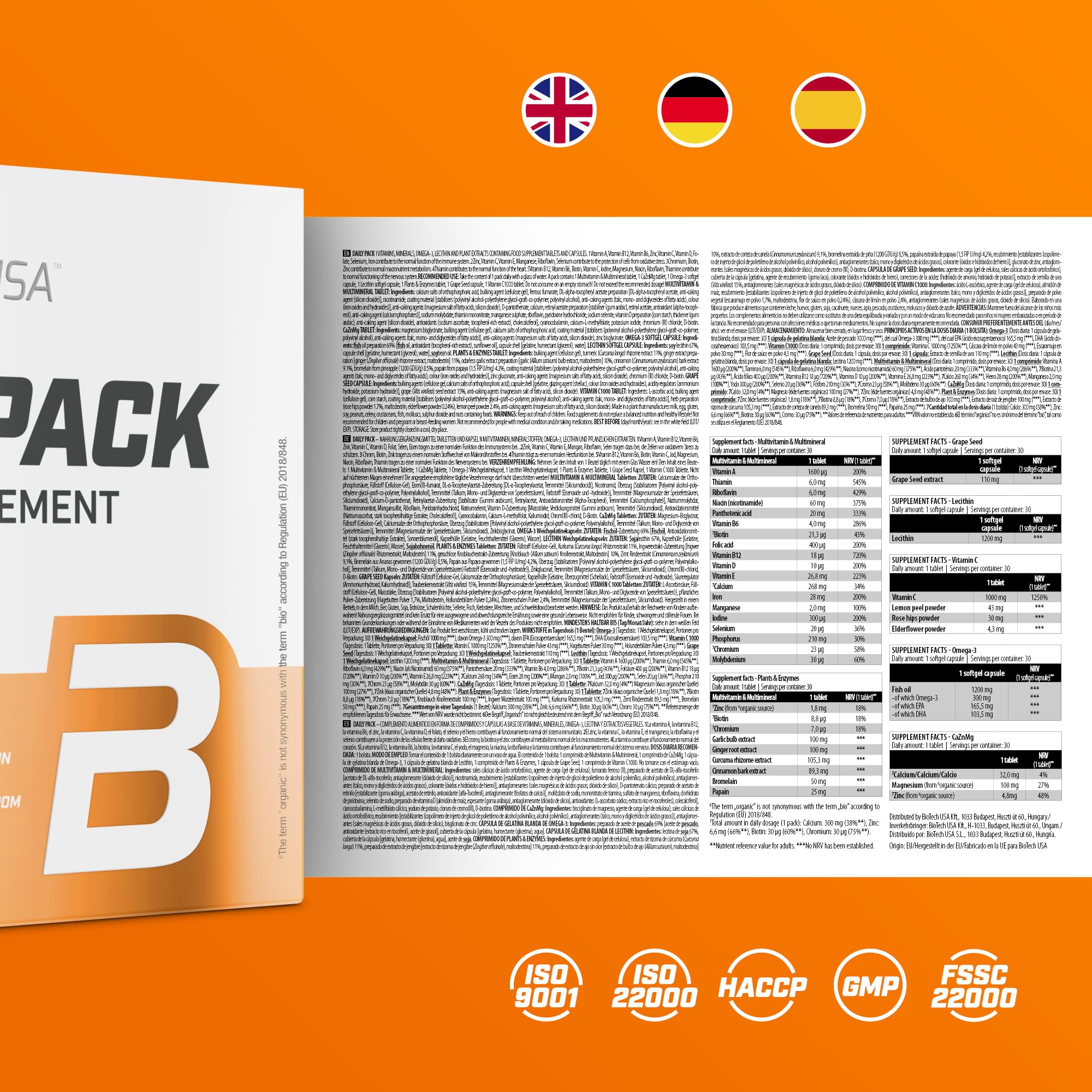 BioTechUSA Daily Pack | Vitamin-, Mineralstoff- & Pflanzenextrakt-Pack | Mit Omega-3, Lecithin & Traubenkern | Multi-Tabletten-Beutelformat | Gluten-, laktose- & GMO-frei | 30 Päckchen