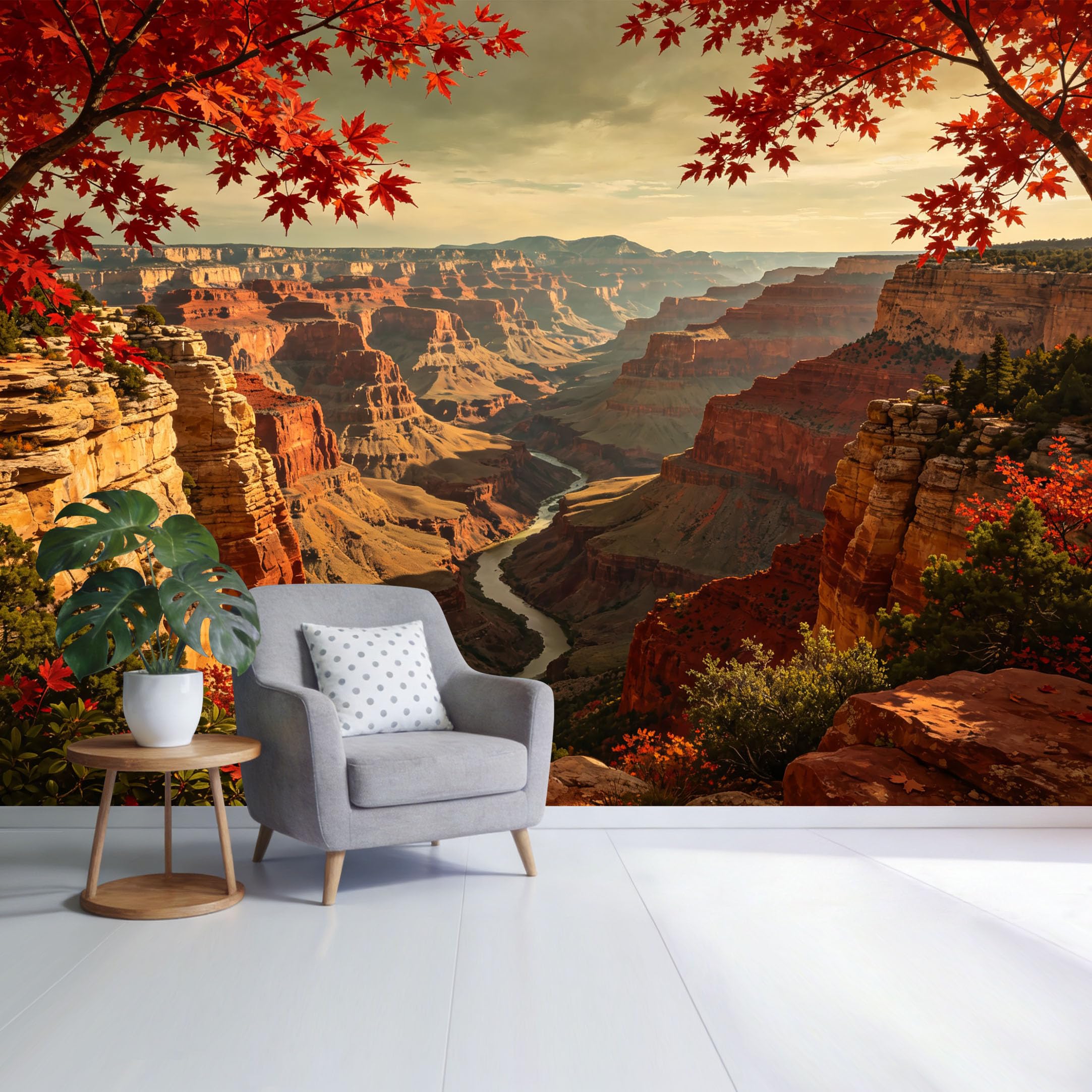 Custom Size Wall Mural Canyon Landscape Autumn Red Maple View River Valley Sunset Scenic SelfAdhesive Wall Fabric Removable Wallpaper for Home Office Decor