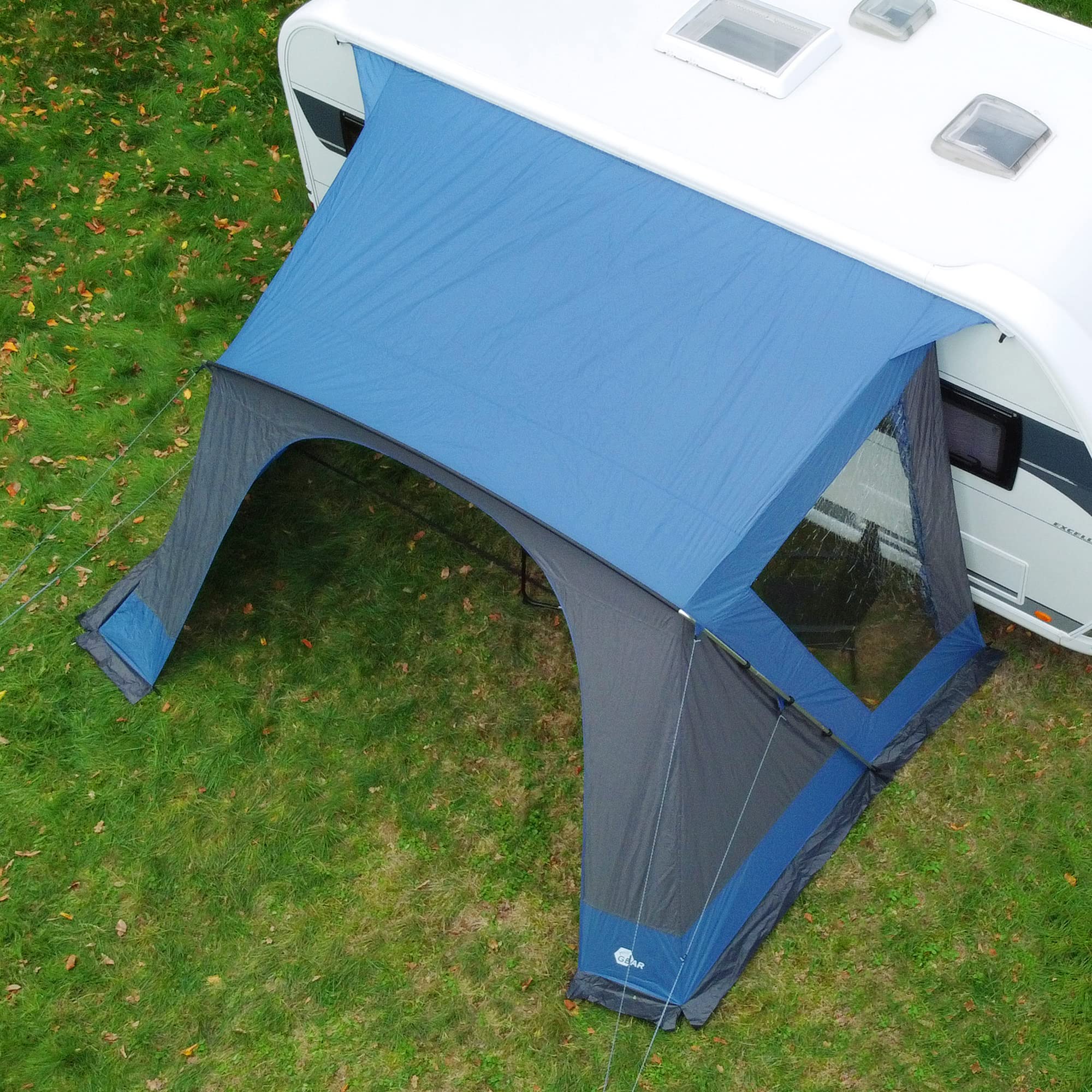 your GEAR Sharki 400 - Auvent pare-soleil pour caravane - Armature en aluminium - 2 fenêtres latérales bleu